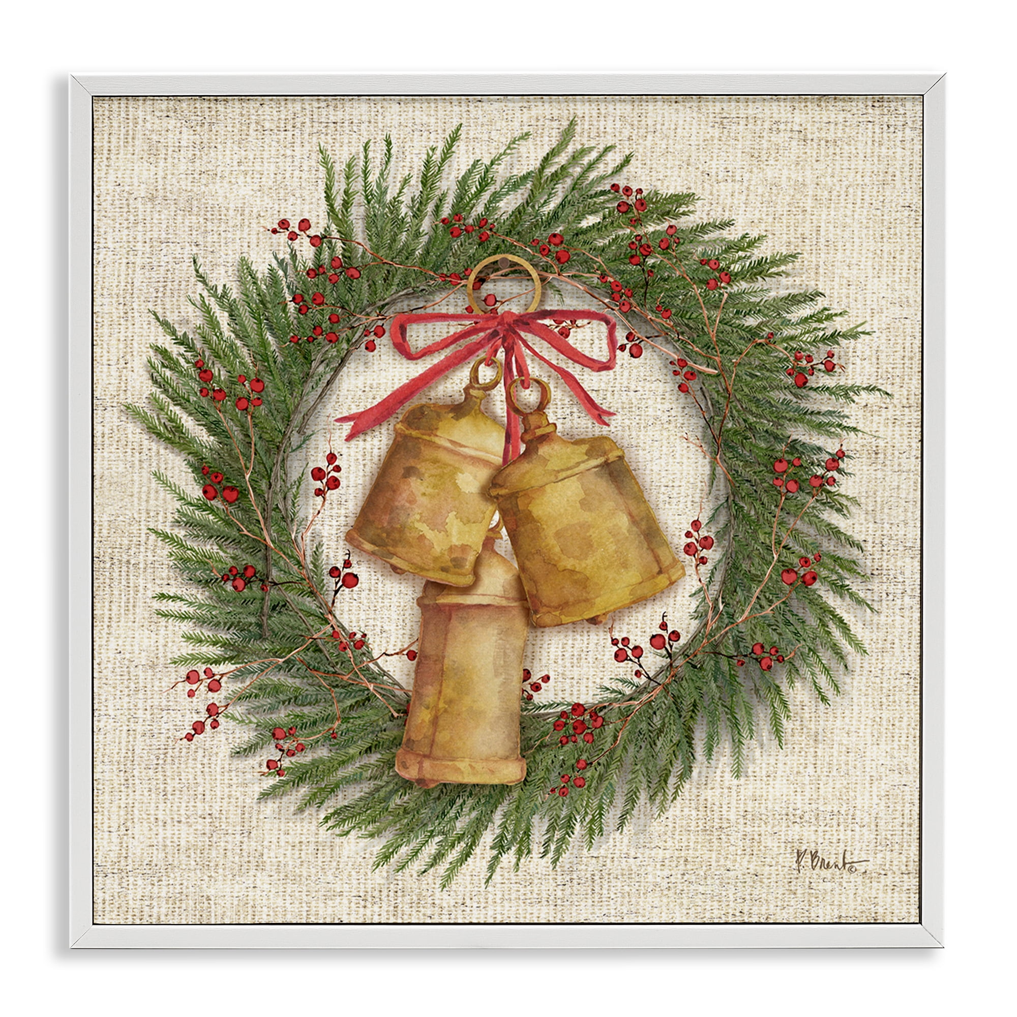 Stupell Industries Festive Bells Wreath Holiday Painting White Framed Art Print Wall Art, 17 x 17