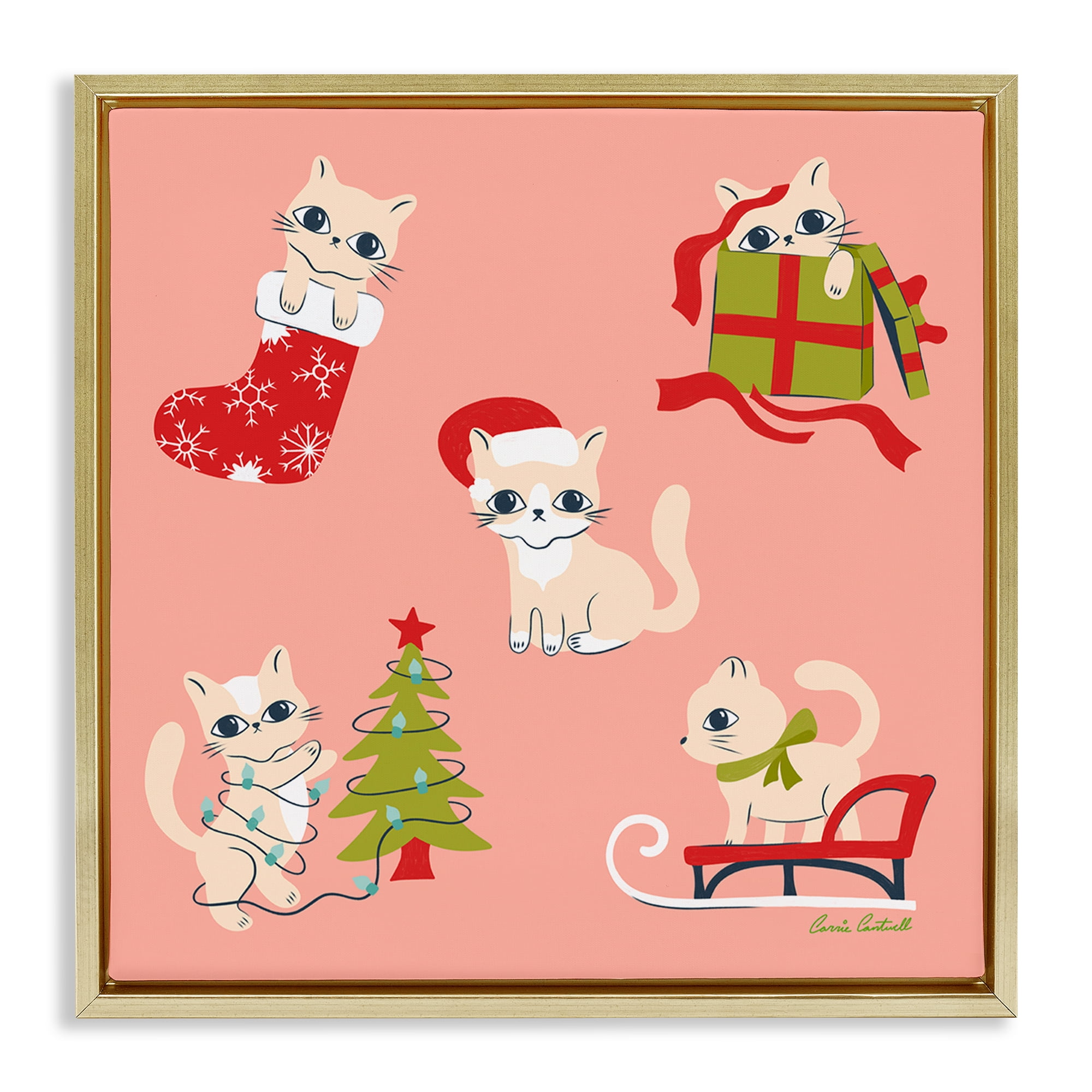 Stupell Industries Festive Cats Cute Holidays Holiday Painting Gold Floater Framed Canvas Art Prints Wall Art, 18 x 18