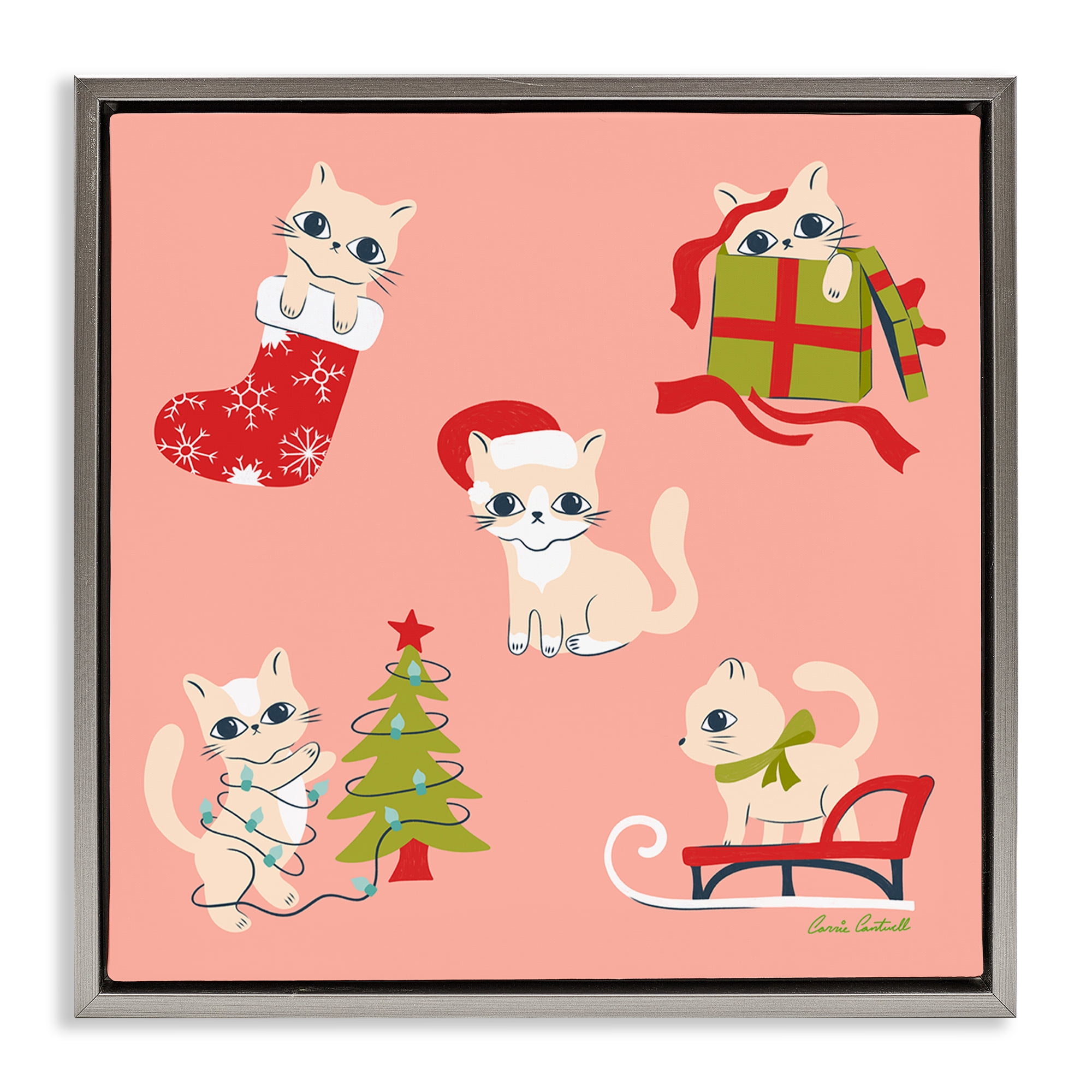 Stupell Industries Festive Cats Cute Holidays Holiday Painting Gray Floater Framed Canvas Art Prints Wall Art, 18 x 18