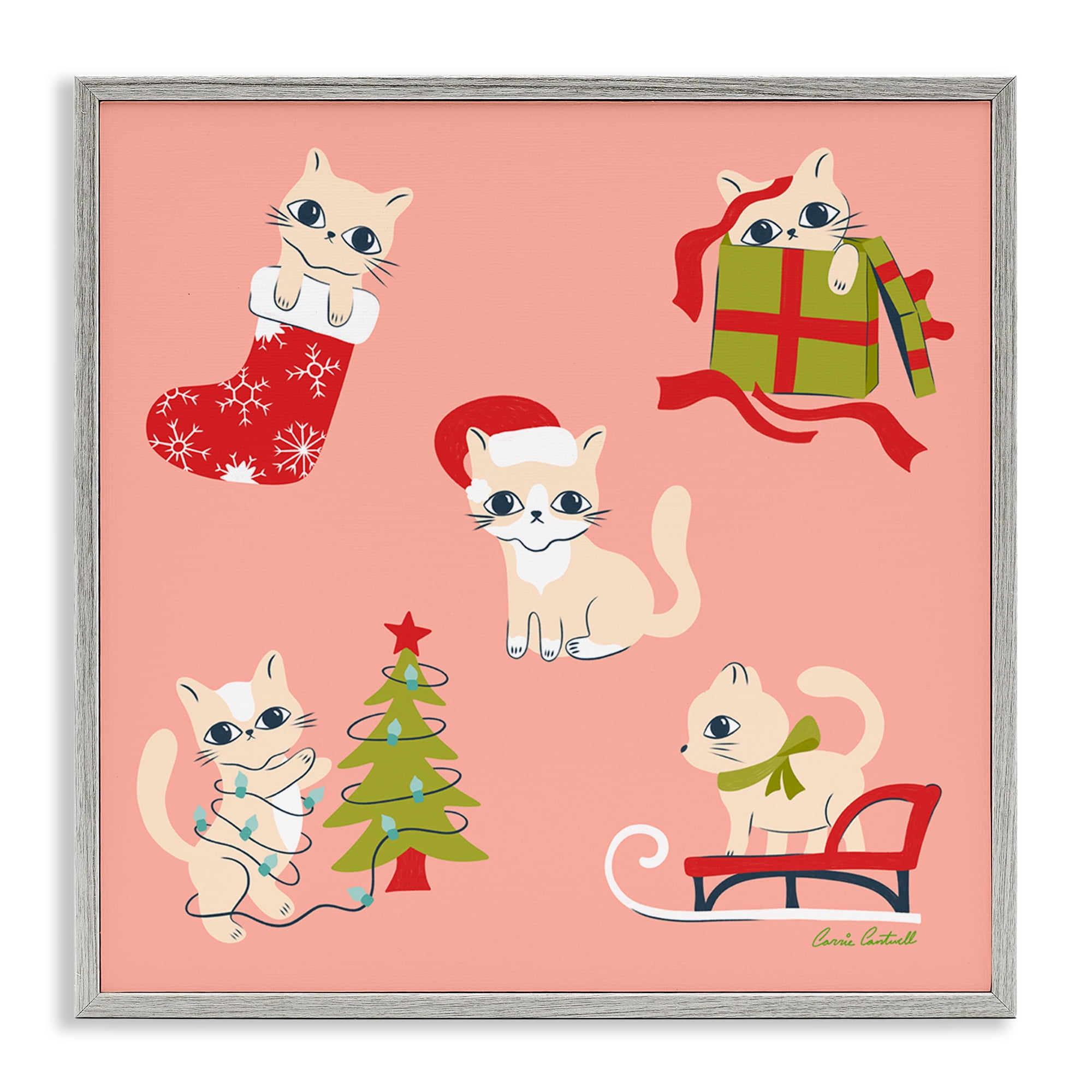 Stupell Industries Festive Cats Cute Holidays Holiday Painting Gray Framed Art Prints Wall Art, 24 x 24