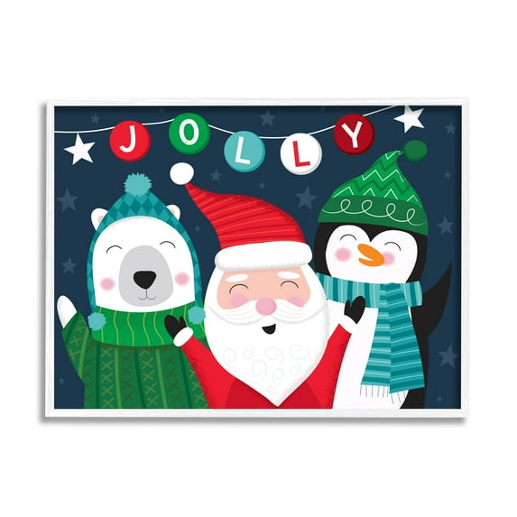 Stupell Industries Festive Christmas Jolly Typography Santa Claus Penguin Animals & Insects Painting White Framed Art Print Wall Art, 16 x 20