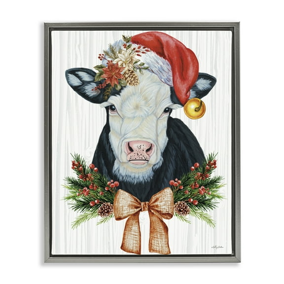 Stupell Industries Festive Cow in Christmas Hat Animals Painting Gray Floater Framed Canvas Art Print Wall Art, 17 x 21