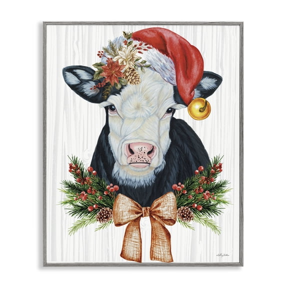 Stupell Industries Festive Cow in Christmas Hat Animals Painting Gray Framed Art Print Wall Art, 11 x 14