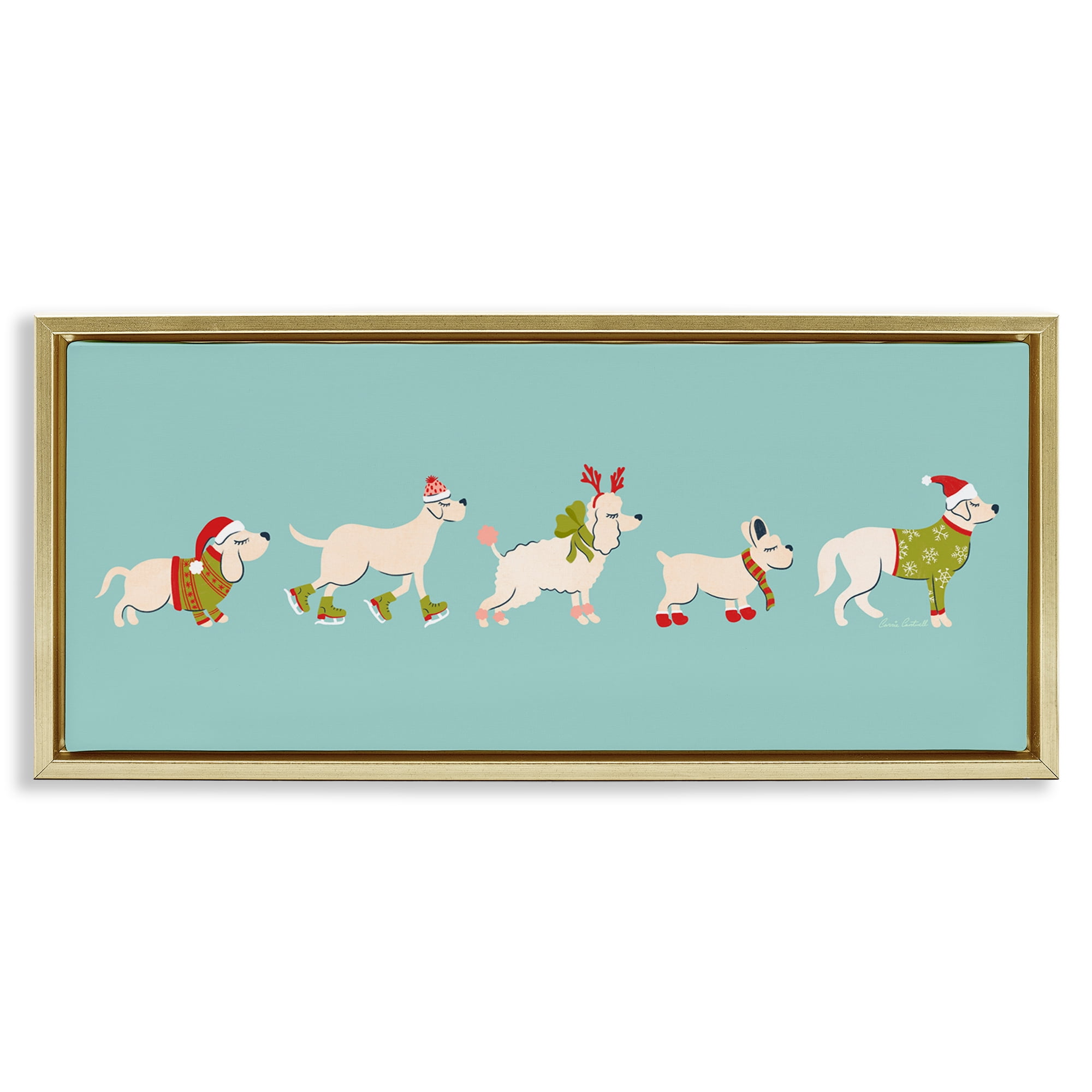 Stupell Industries Festive Dog Breeds Holiday Painting Gold Floater Framed Canvas Art Prints Wall Art, 25 x 11