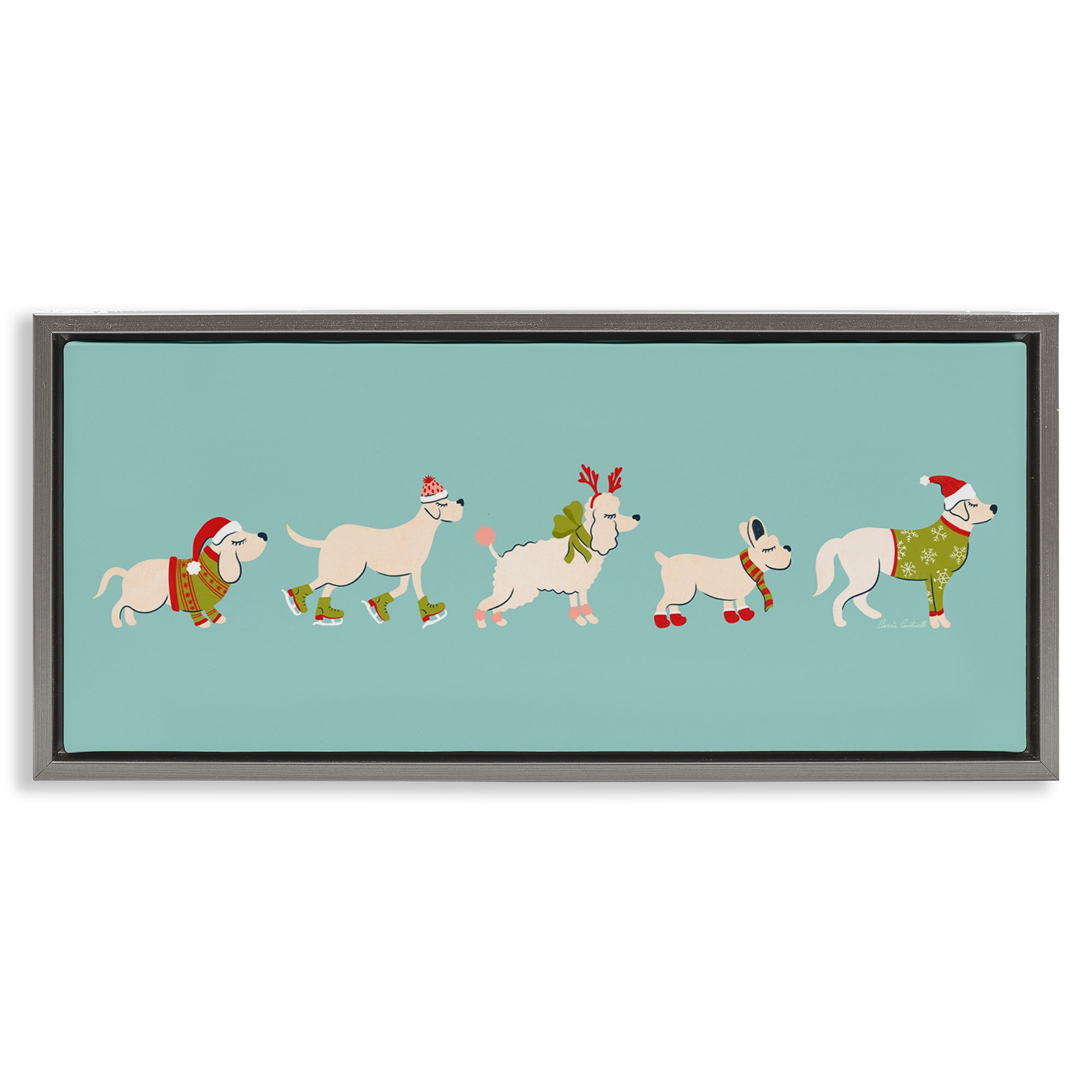 Stupell Industries Festive Dog Breeds Holiday Painting Gray Floater Framed Canvas Art Prints Wall Art, 25 x 11
