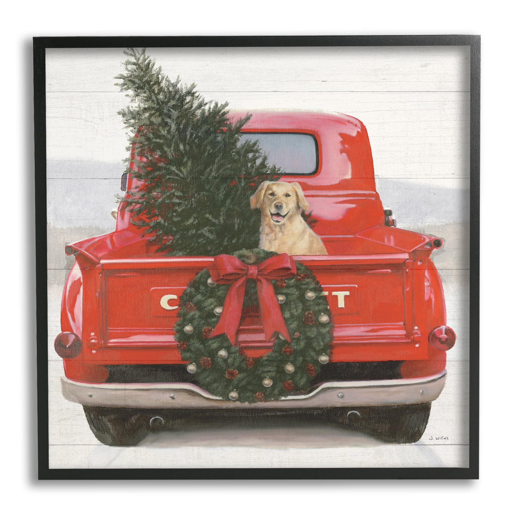 Stupell Industries Festive Dog in Truck Holiday Painting Black Framed Art Print Wall Art, 12 x 12