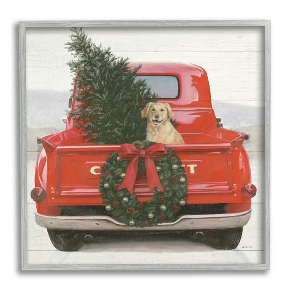 Stupell Industries Festive Dog in Truck Holiday Painting Gray Framed Art Print Wall Art, 17 x 17