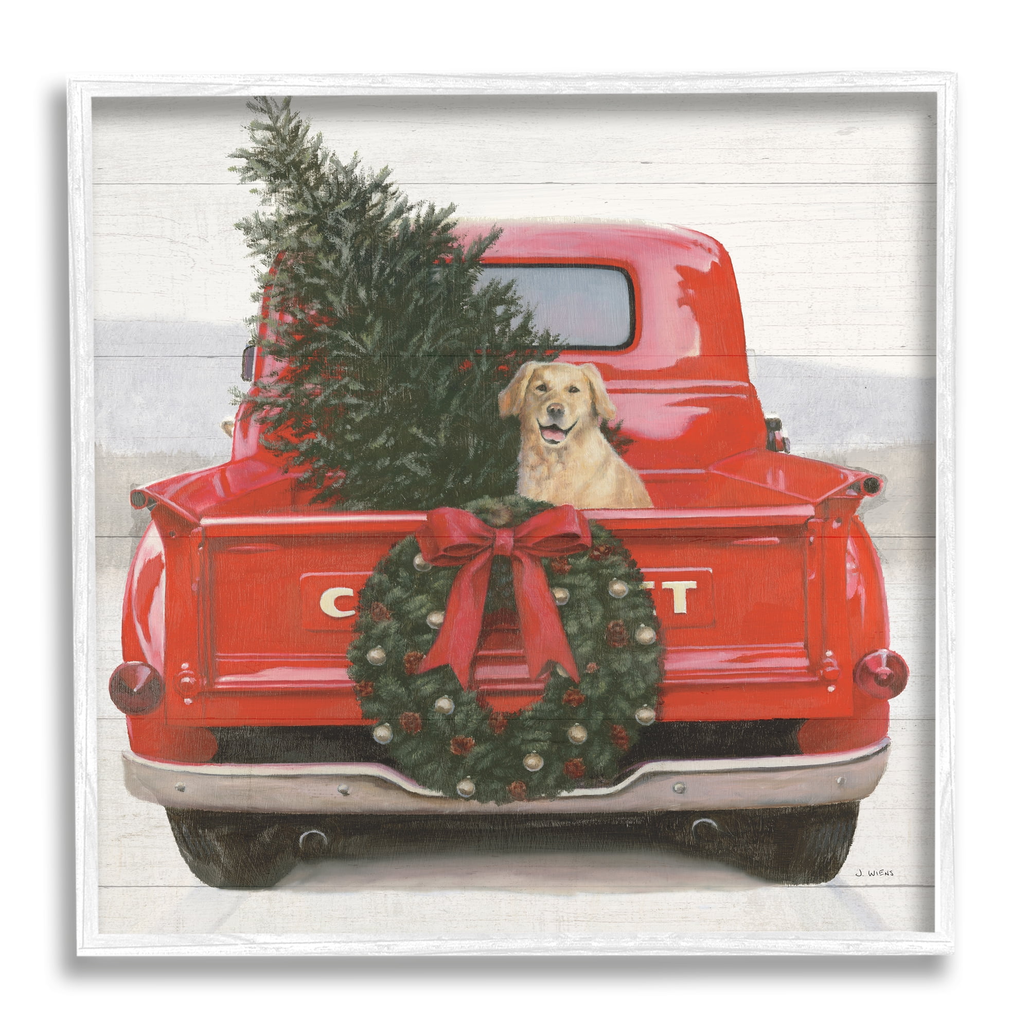 Stupell Industries Festive Dog in Truck Holiday Painting White Framed Art Print Wall Art, 24 x 24