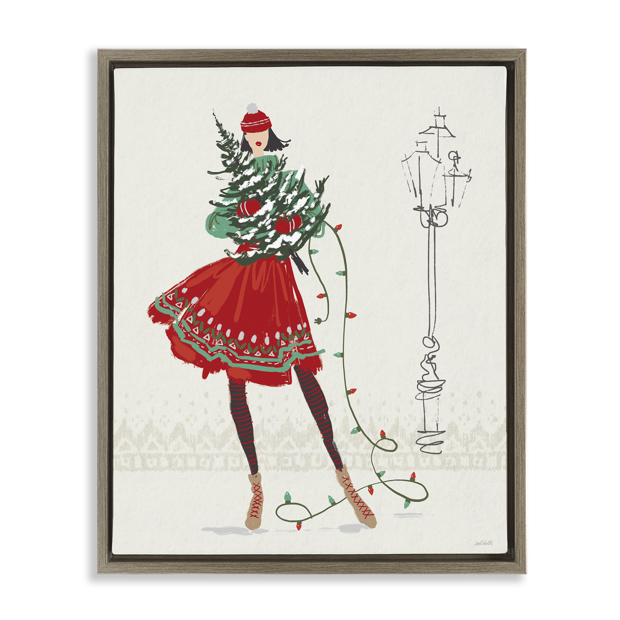 Stupell Industries Festive Fashion Girl Holiday Painting Brown Floater Framed Canvas Art Prints Wall Art, 17 x 21