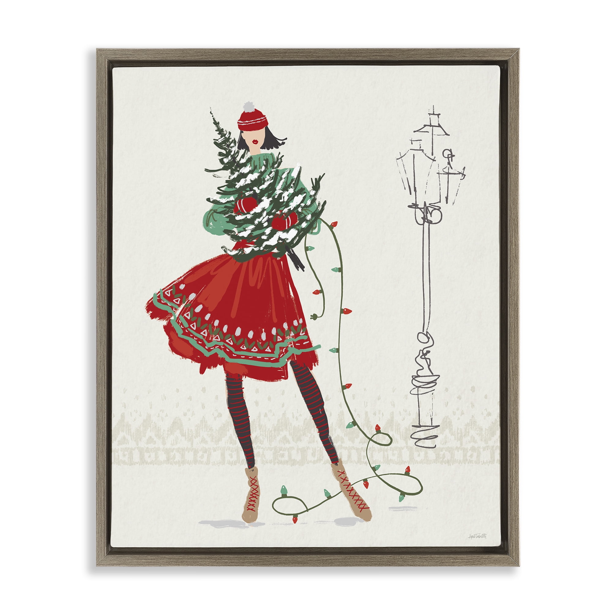 Stupell Industries Festive Fashion Girl Holiday Painting Brown Floater Framed Canvas Art Prints Wall Art, 25 x 31