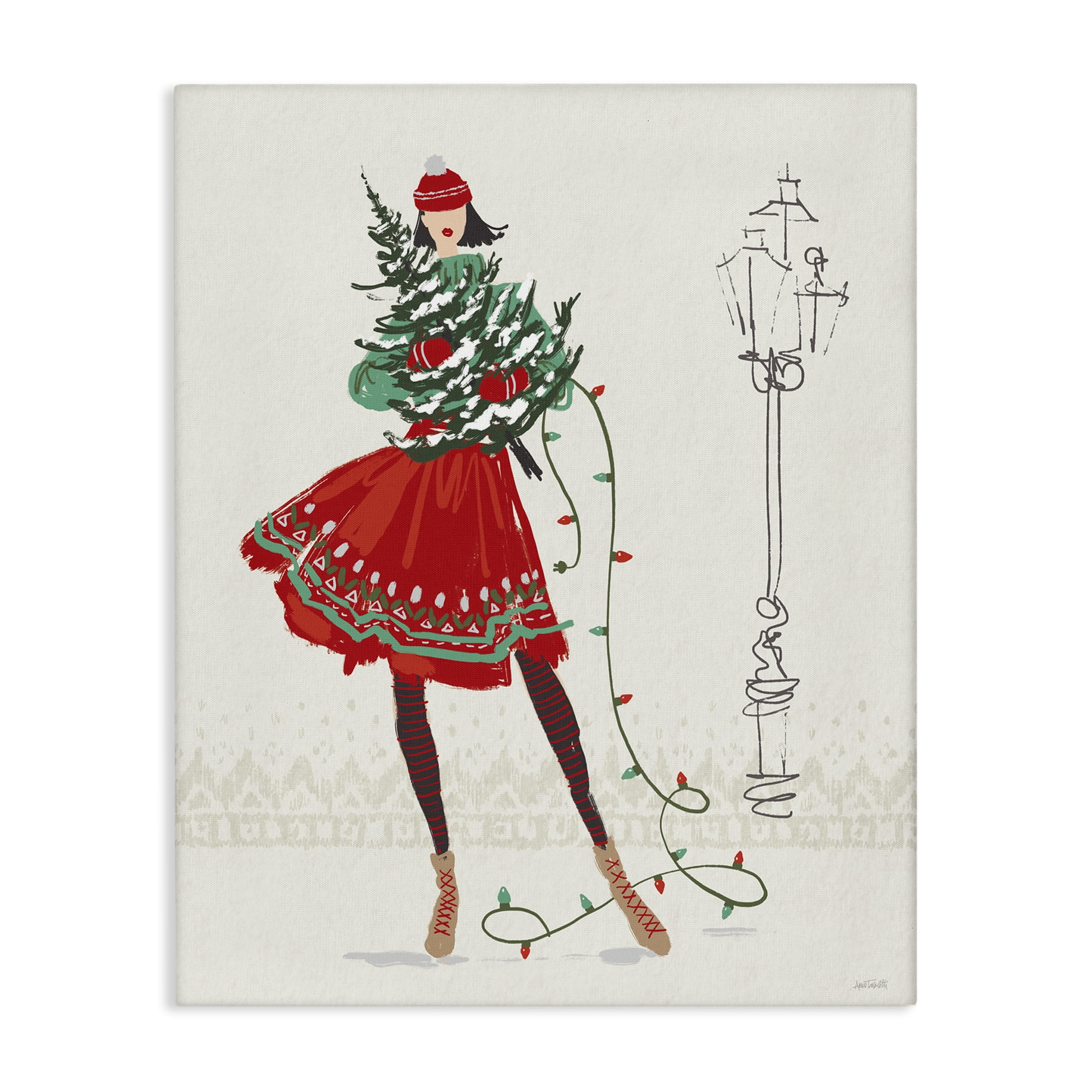 Stupell Industries Festive Fashion Girl Holiday Painting Gallery Wrapped Canvas Art Prints Wall Art, 16 x 20