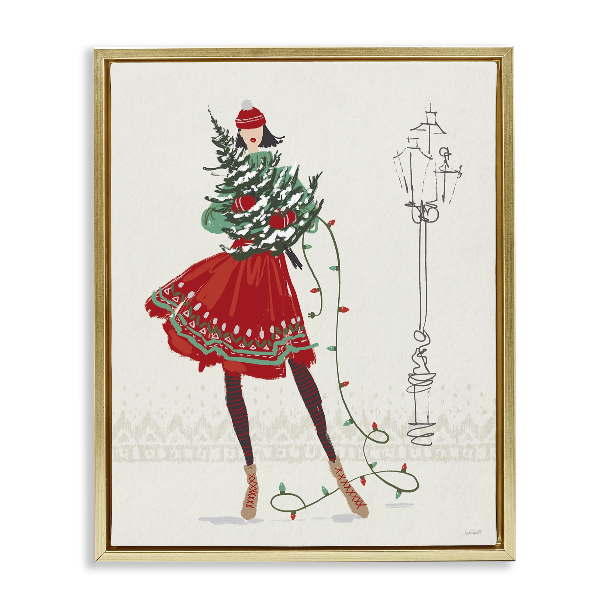 Stupell Industries Festive Fashion Girl Holiday Painting Gold Floater Framed Canvas Art Prints Wall Art, 17 x 21