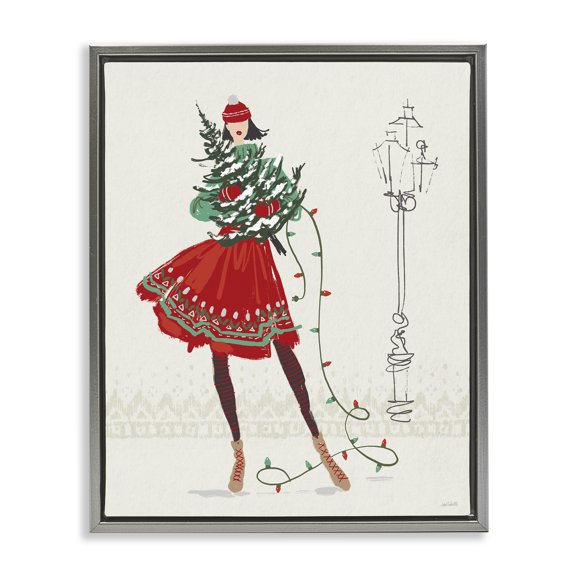 Stupell Industries Festive Fashion Girl Holiday Painting Gray Floater Framed Canvas Art Prints Wall Art, 17 x 21