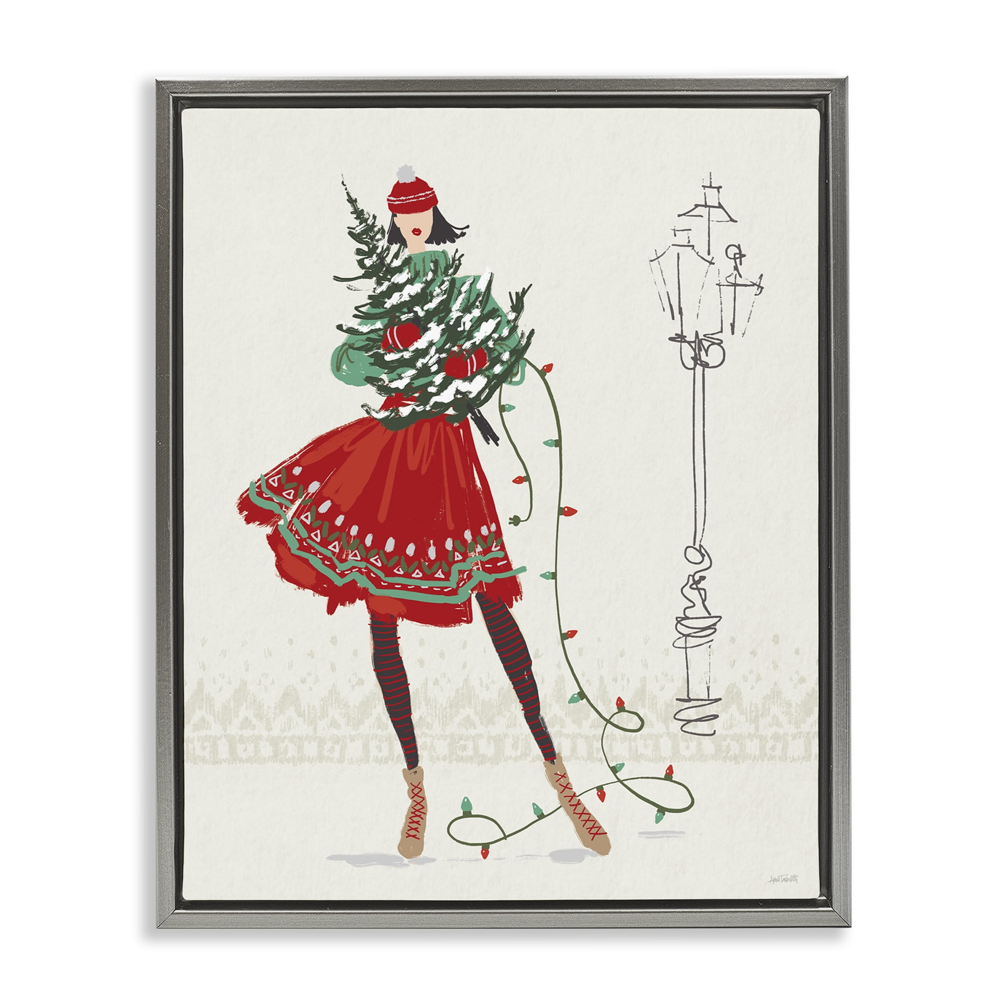Stupell Industries Festive Fashion Girl Holiday Painting Gray Floater Framed Canvas Art Prints Wall Art, 25 x 31