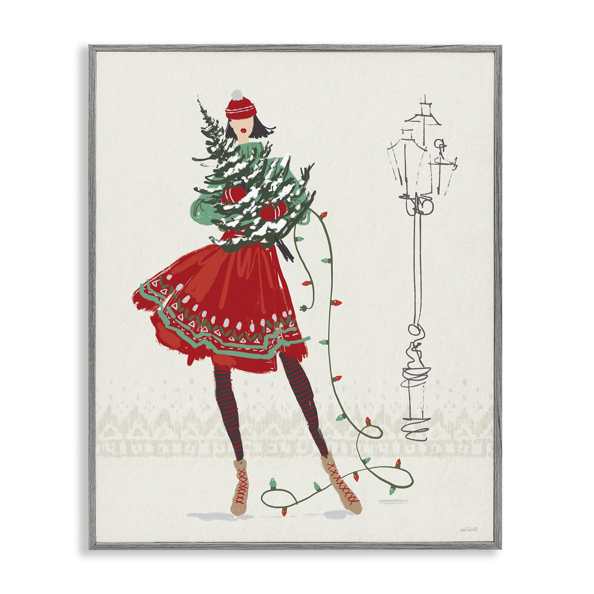 Stupell Industries Festive Fashion Girl Holiday Painting Gray Framed Art Prints Wall Art, 16 x 20