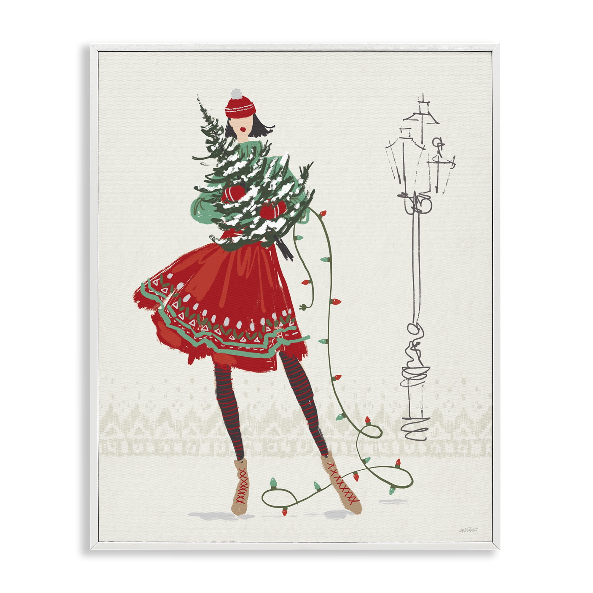 Stupell Industries Festive Fashion Girl Holiday Painting White Framed Art Prints Wall Art, 16 x 20