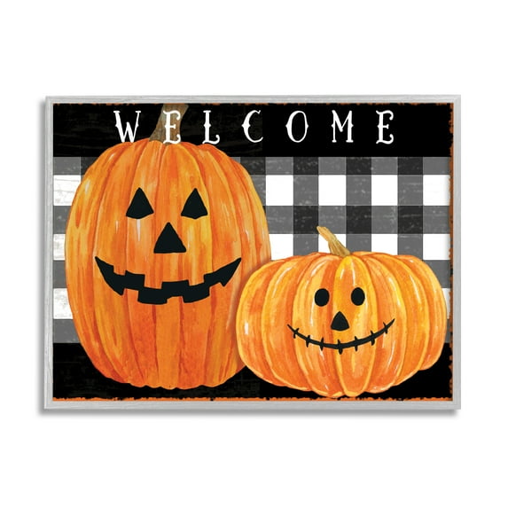 Stupell Industries Festive Halloween Welcome Sign Happy Pumpkins Black Plaid, 24 x 30, Designed by Andrea Tachiera
