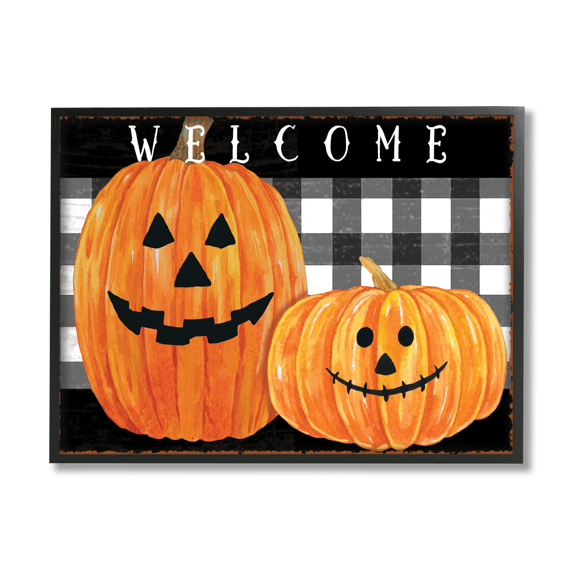 Stupell Industries Festive Halloween Welcome Sign Happy Pumpkins Black Plaid, 24 x 30, Designed by Andrea Tachiera
