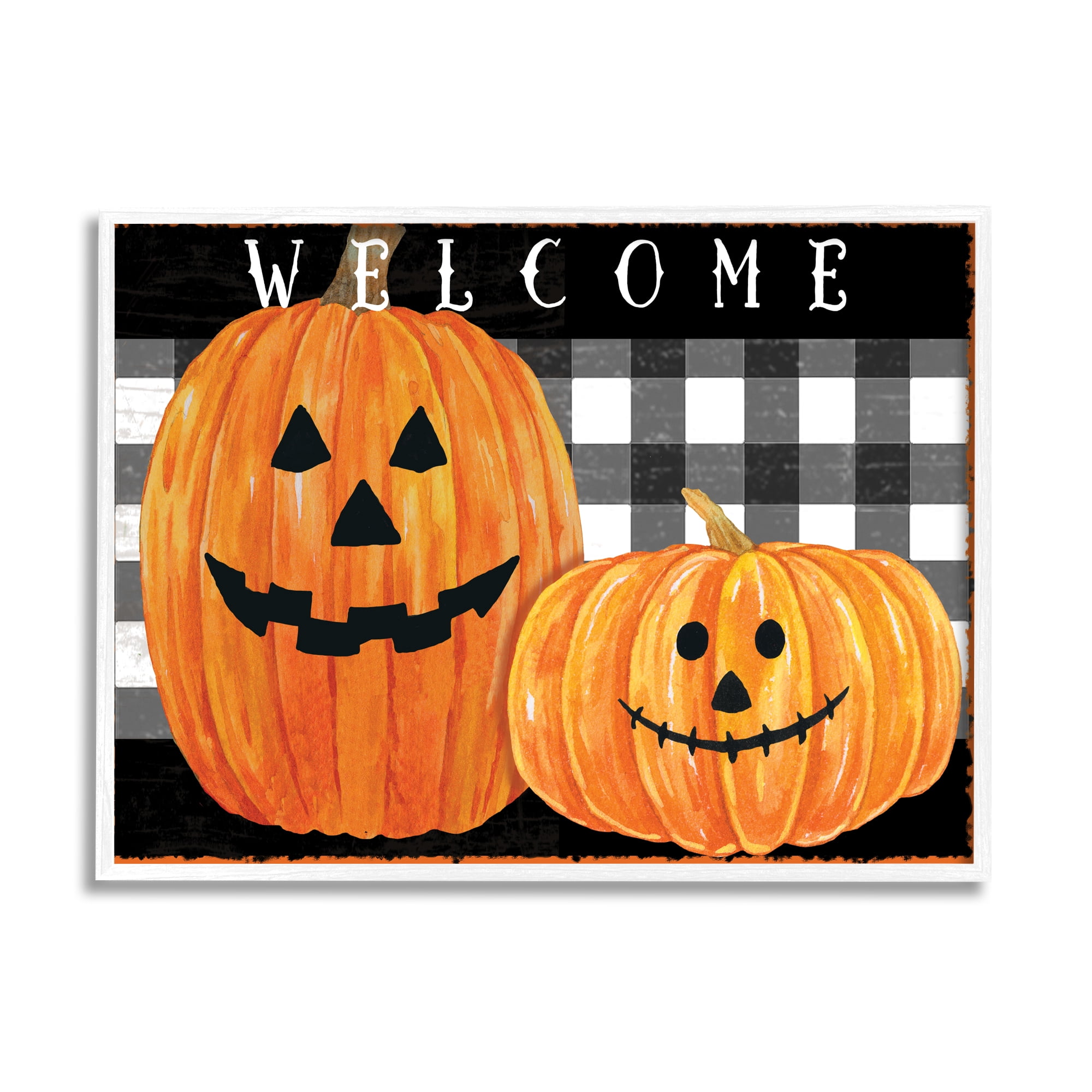 Stupell Industries Festive Halloween Welcome Sign Happy Pumpkins Black Plaid Novelty Painting White Framed Art Print Wall Art, 16 x 20, Design by Andrea Tachiera