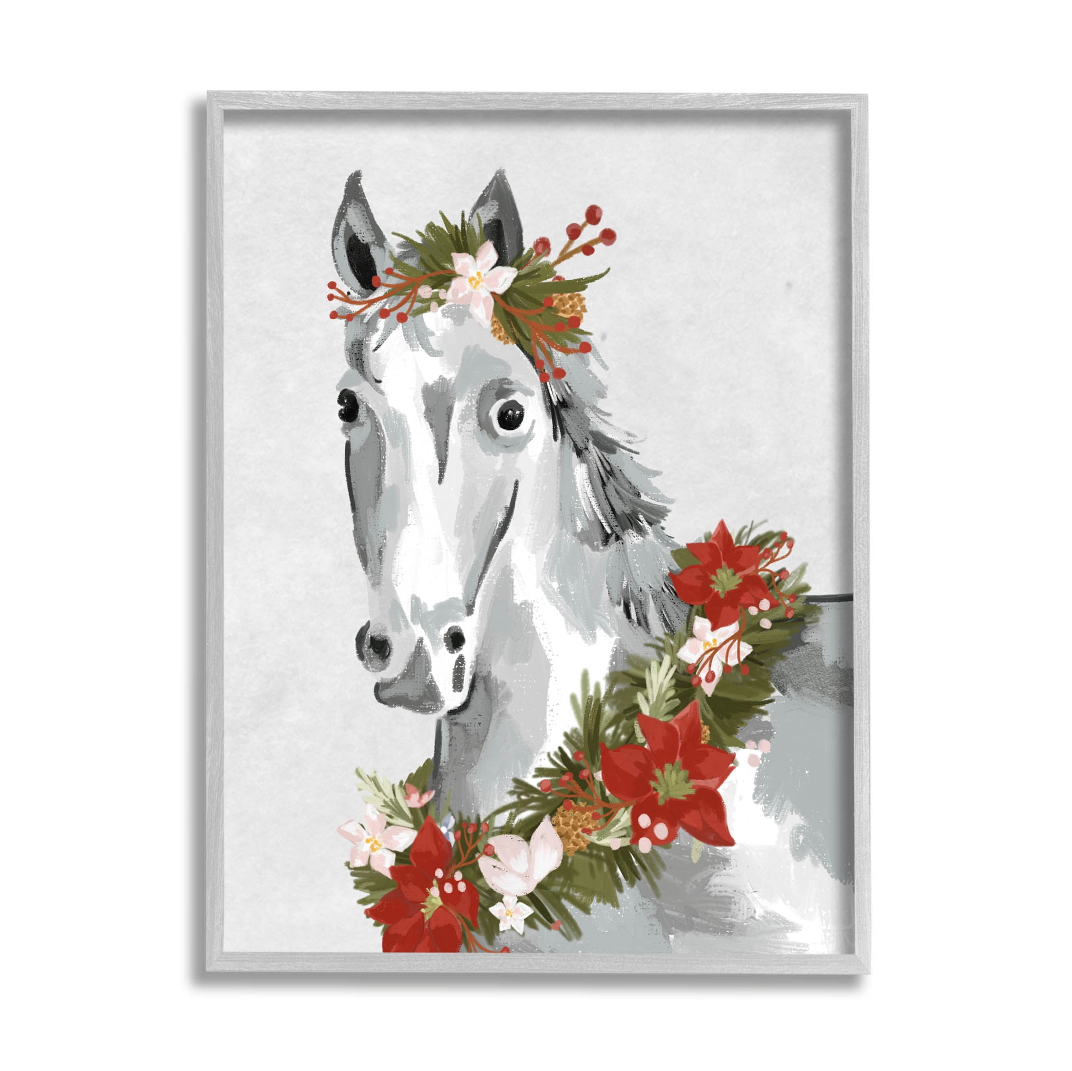 Stupell Industries Festive Holiday Horse Holly Wreath Graphic Art Gray Framed Art Print Wall Art, Design by Laura Konyndyk