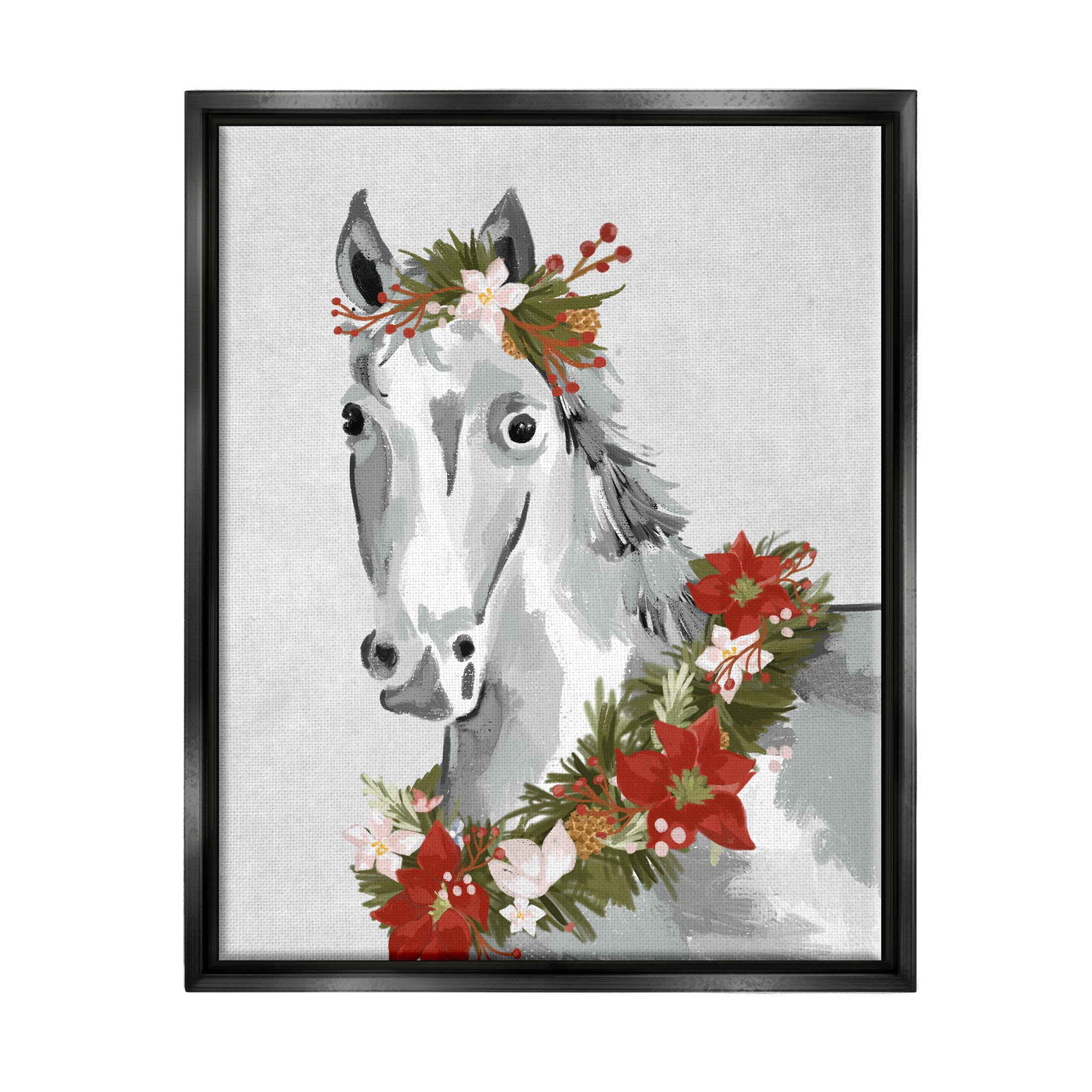 Stupell Industries Festive Holiday Horse Holly Wreath Graphic Art Jet Black Floating Framed Canvas Print Wall Art, Design by Laura Konyndyk