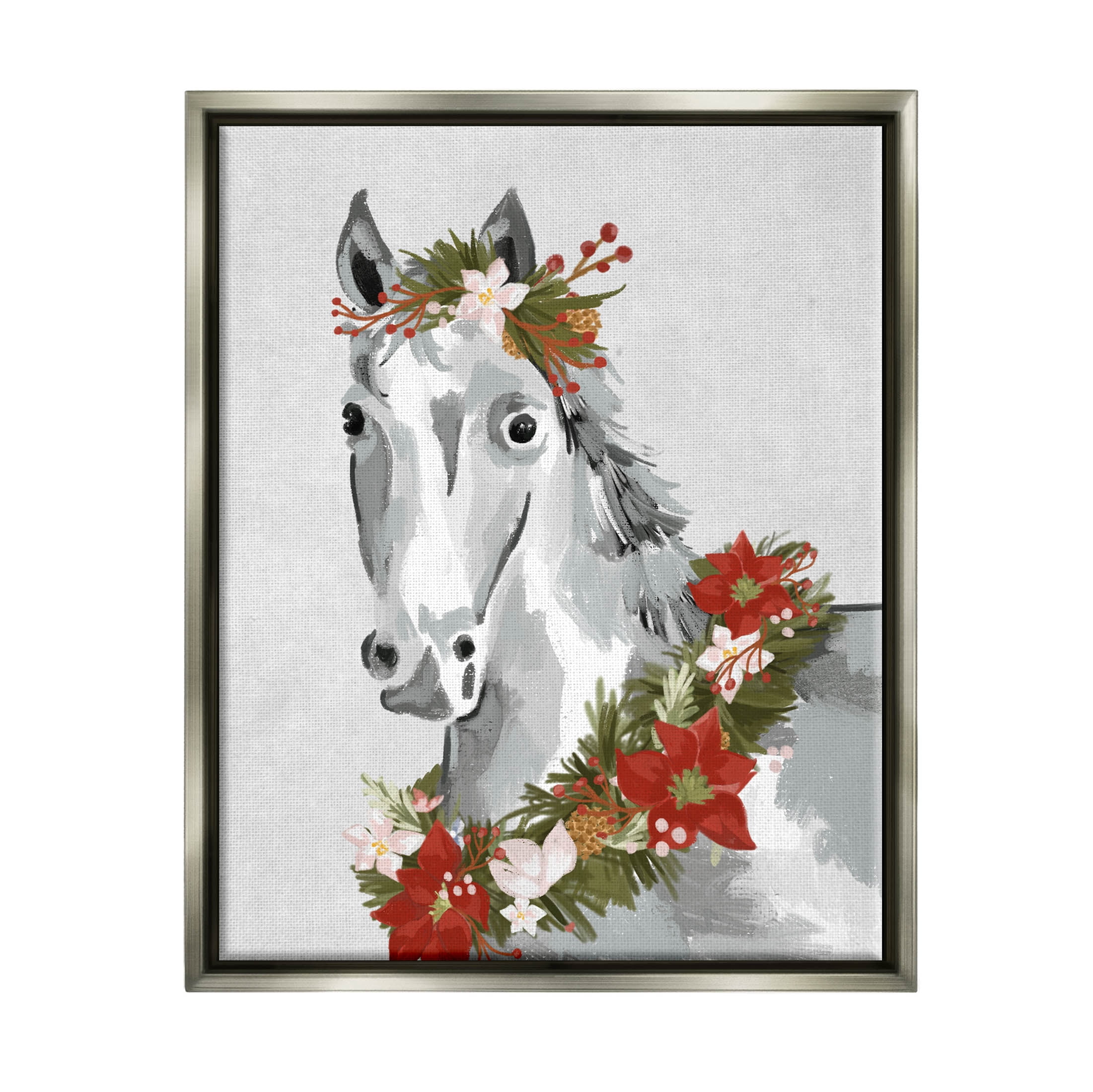 Stupell Industries Festive Holiday Horse Holly Wreath Graphic Art Luster Gray Floating Framed Canvas Print Wall Art, Design by Laura Konyndyk