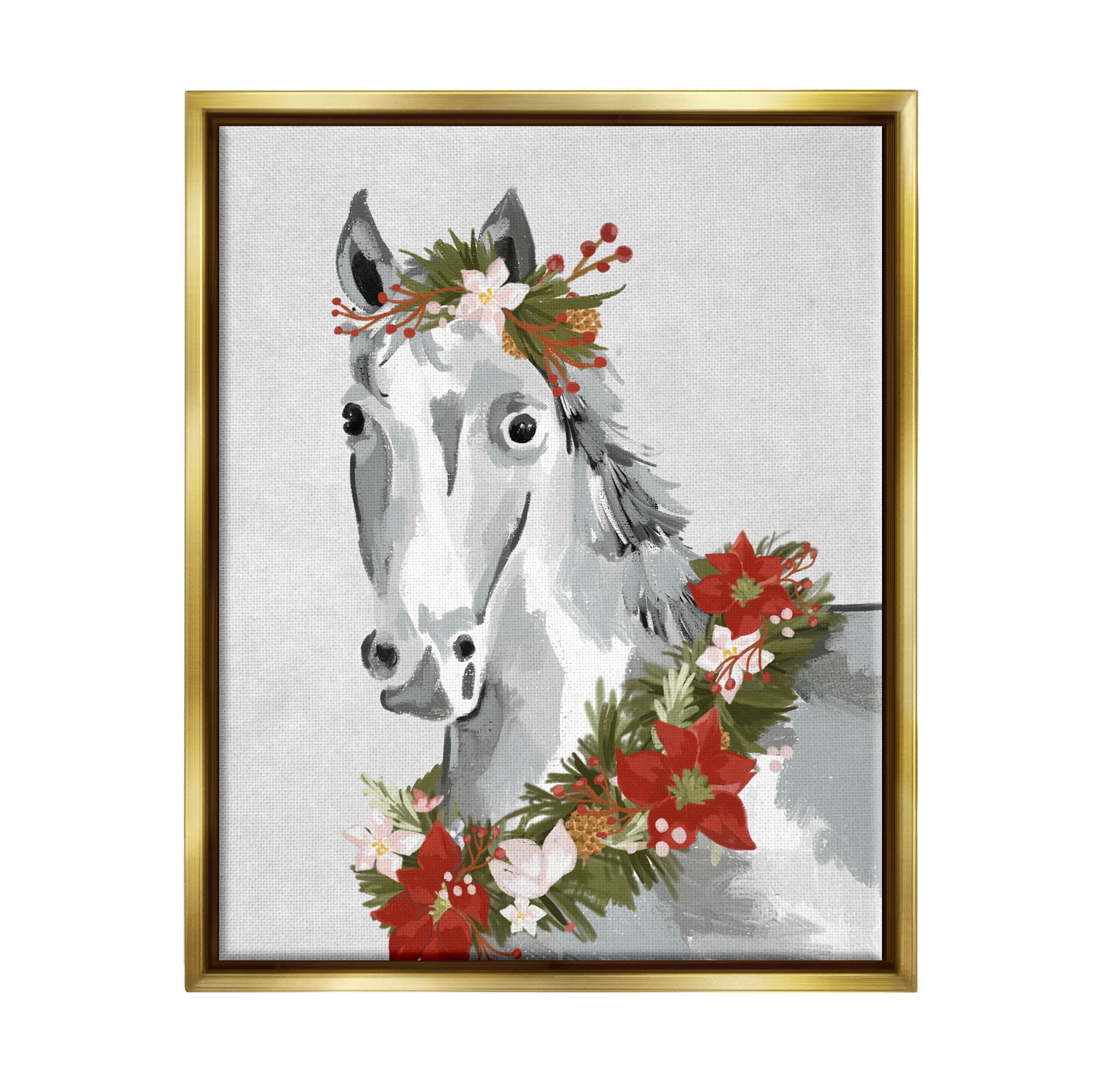 Stupell Industries Festive Holiday Horse Holly Wreath Graphic Art Metallic Gold Floating Framed Canvas Print Wall Art, Design by Laura Konyndyk
