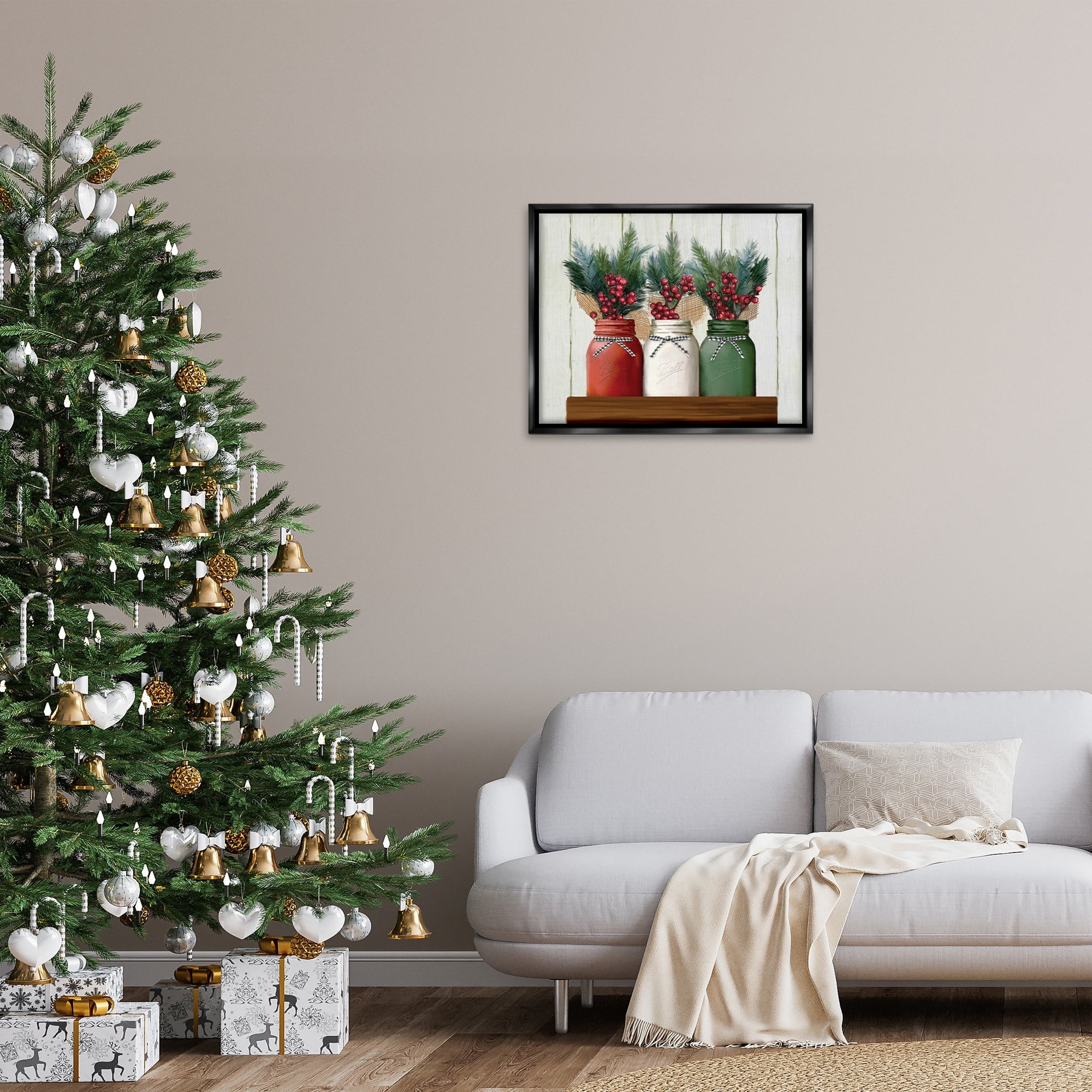 Stupell Industries Festive Holiday Jars Christmas Berry Bouquets Jet Black Framed Floating Canvas Wall Art, 24x30, by Ziwei Li