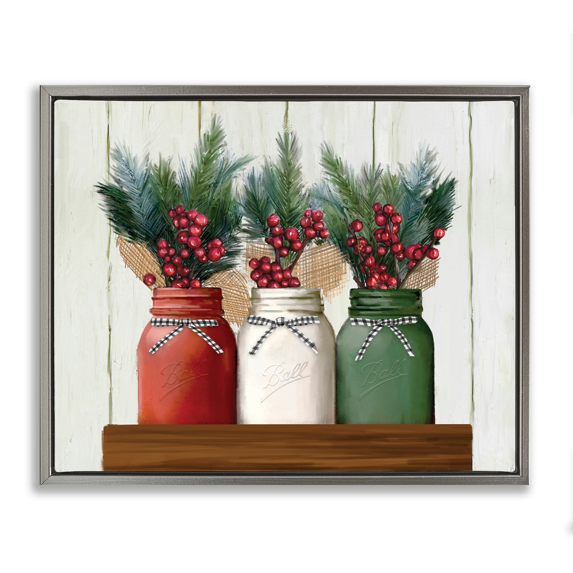 Stupell Industries Festive Holiday Jars Christmas Berry Bouquets Luster Gray Framed Floating Canvas Wall Art, 16x20, by Ziwei Li