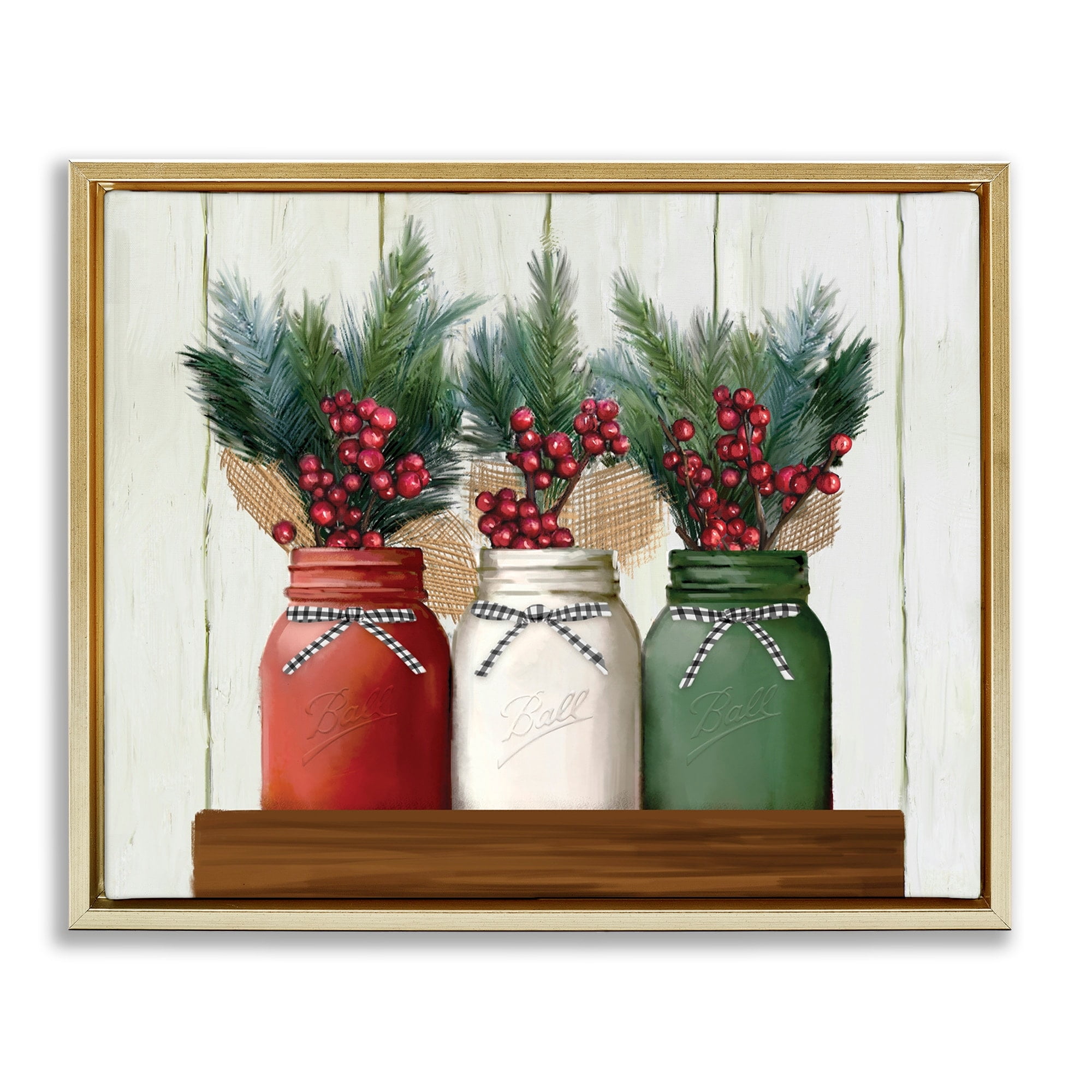 Stupell Industries Festive Holiday Jars Christmas Berry Bouquets Metallic Gold Framed Floating Canvas Wall Art, 16x20, by Ziwei Li