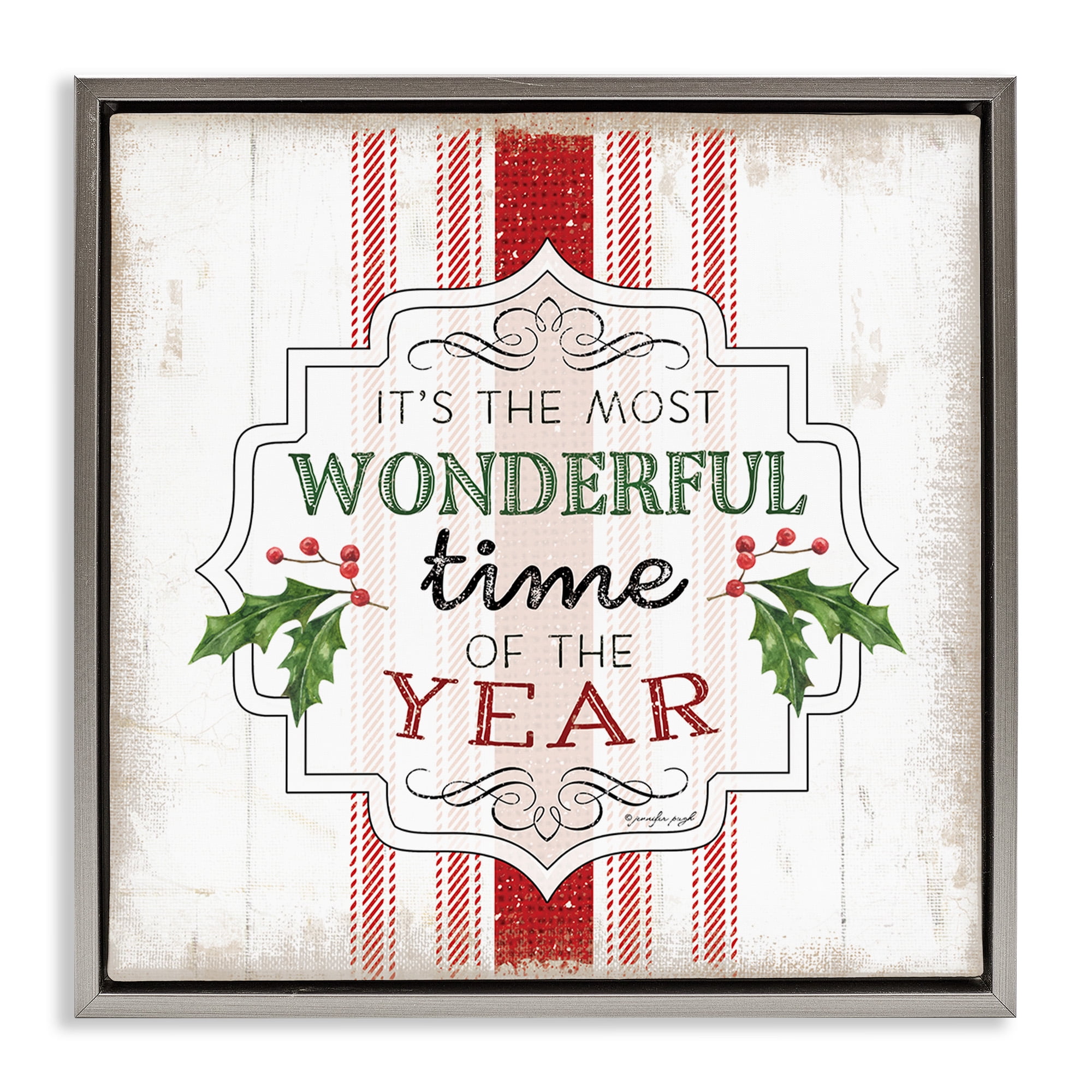 Stupell Industries Festive Holiday Rustic Stripes Inspirational Painting Gray Floater Framed Canvas Art Print Wall Art, 18 x 18