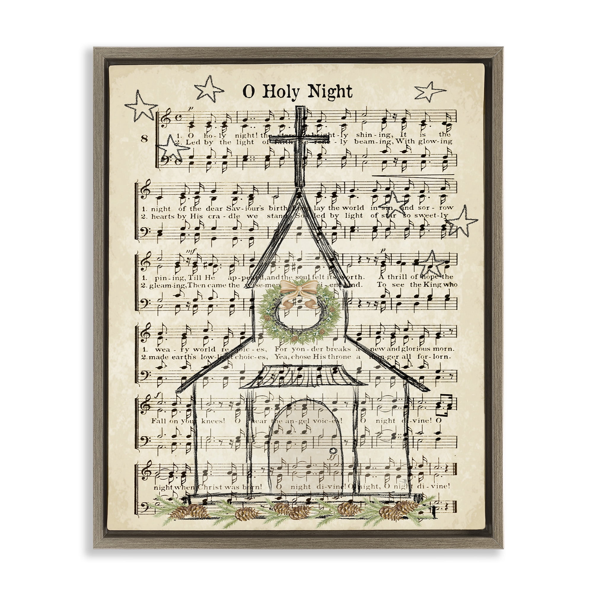 Stupell Industries Festive Holy Night Musical Script Religious Painting Brown Floater Framed Canvas Art Print Wall Art, 17 x 21