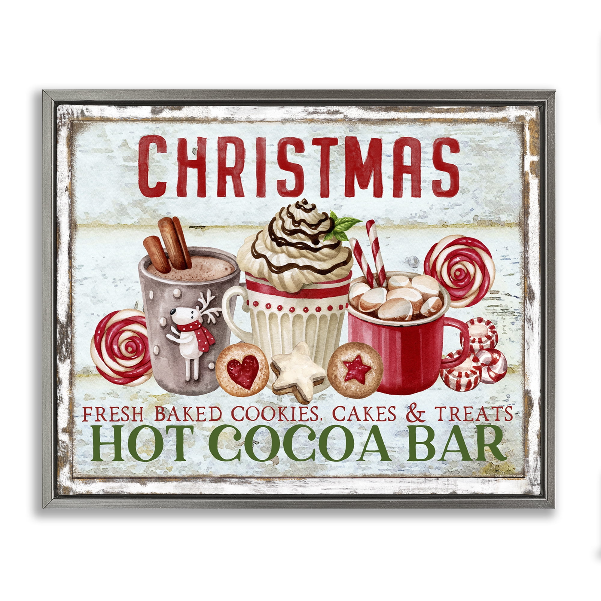 Stupell Industries Festive Hot Chocolate Holiday Painting Gray Floater Framed Canvas Art Prints Wall Art, 21 x 17