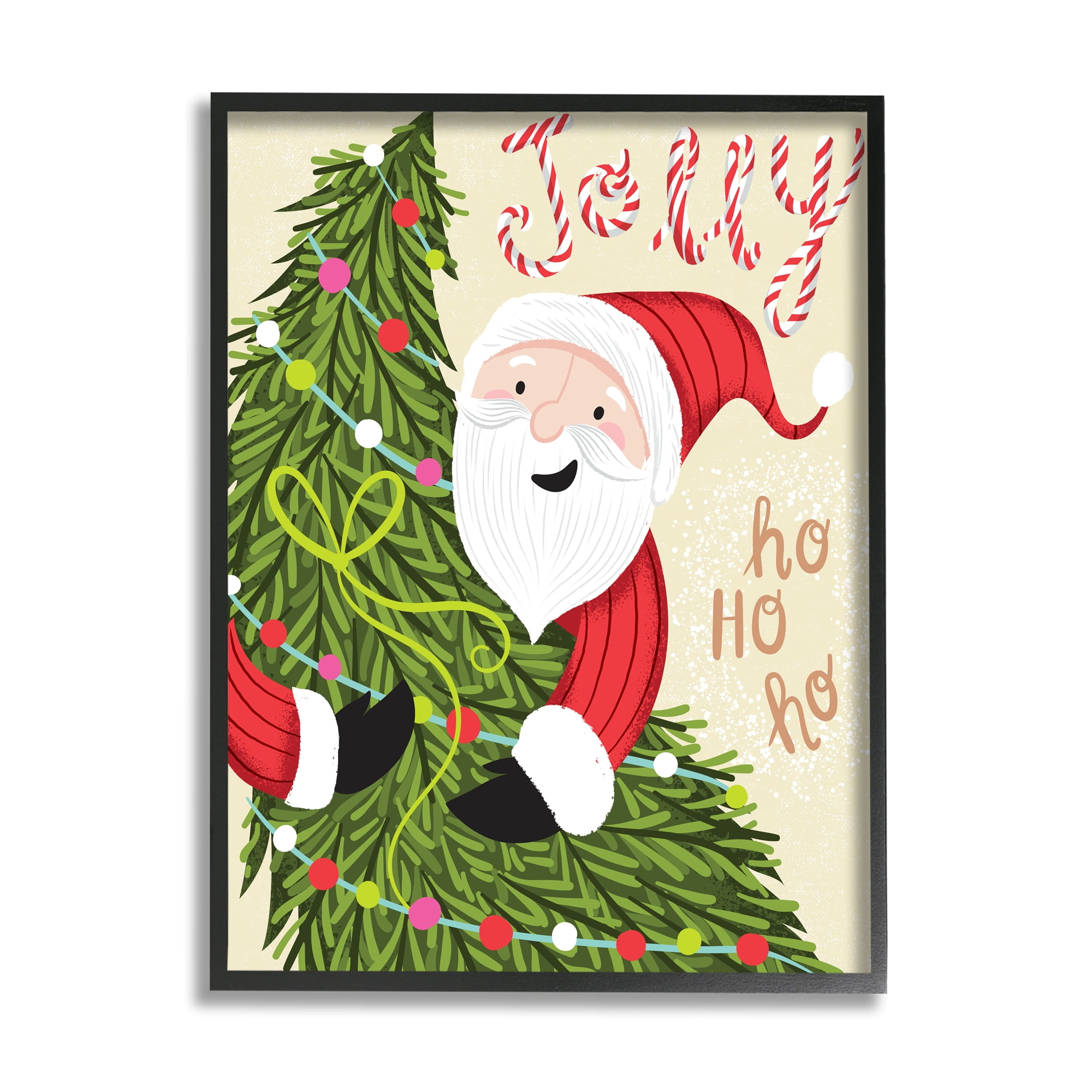 Stupell Industries Festive Jolly Santa Claus Playful Christmas Tree Holiday Painting Black Framed Art Print Wall Art, 24 x 30
