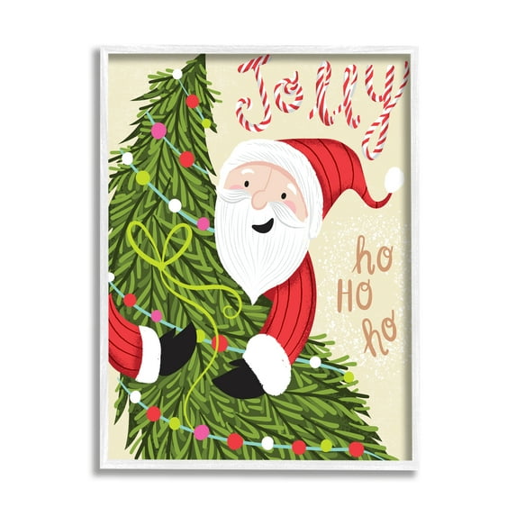 Stupell Industries Festive Jolly Santa Claus Playful Christmas Tree Holiday Painting White Framed Art Print Wall Art, 16 x 20