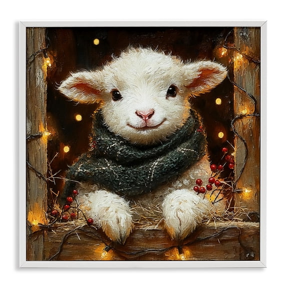 Stupell Industries Festive Lamb with Holiday Lights Animals Painting White Framed Art Print Wall Art, 24 x 24