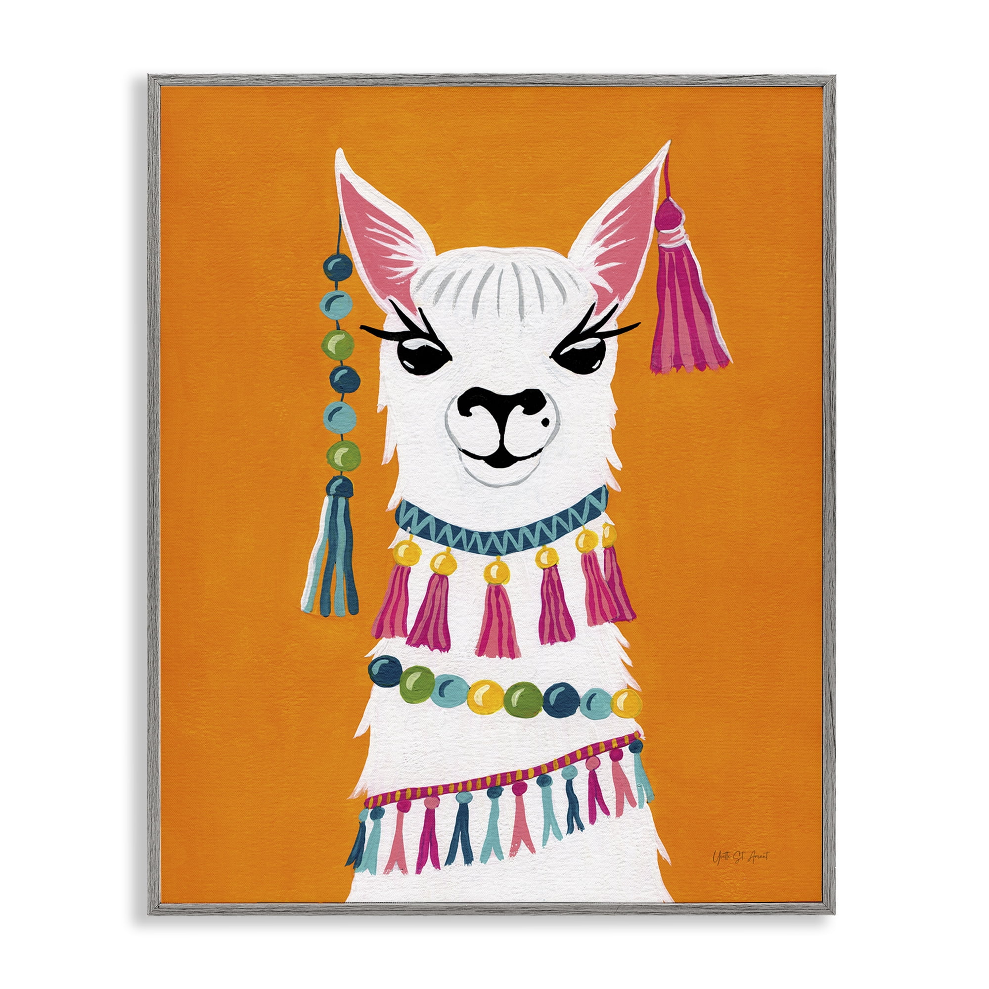 Stupell Industries Festive Llama Portrait Animals Painting Gray Framed Art Print Wall Art, 16 x 20