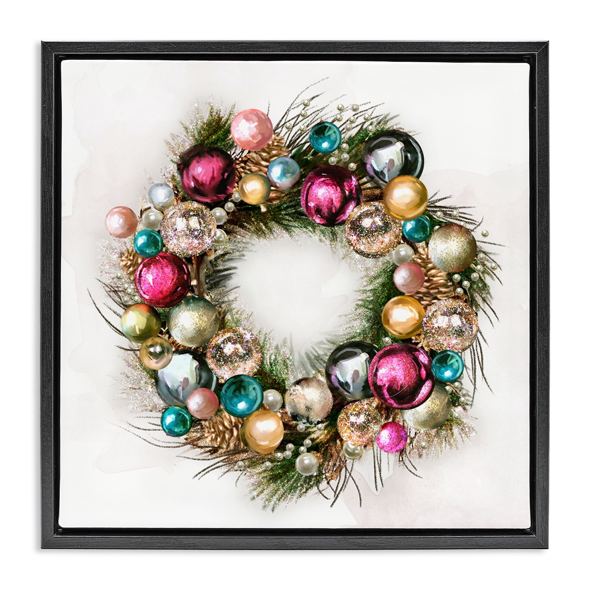 Stupell Industries Festive Ornamental Wreath Holiday Painting Black Floater Framed Canvas Art Print Wall Art, 25 x 25