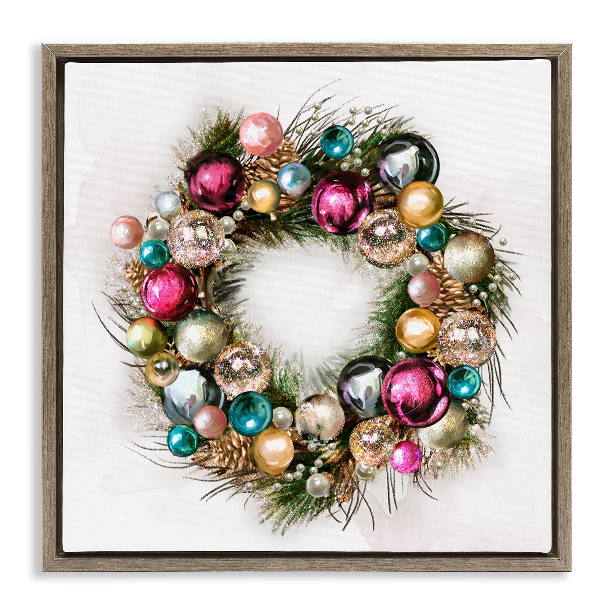 Stupell Industries Festive Ornamental Wreath Holiday Painting Brown Floater Framed Canvas Art Print Wall Art, 18 x 18