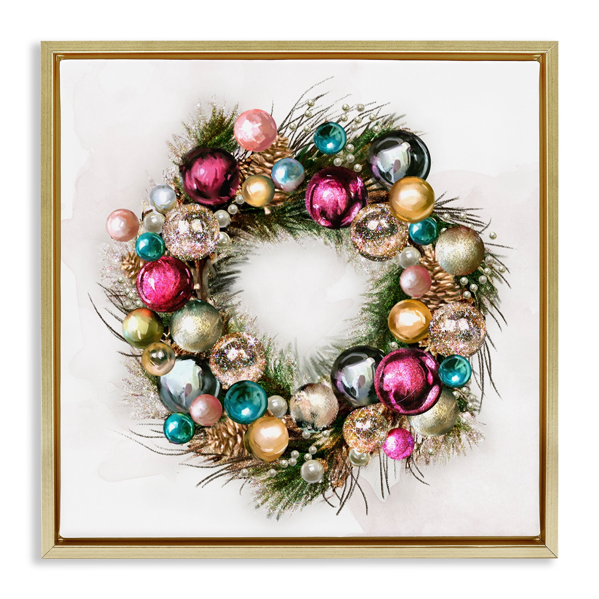 Stupell Industries Festive Ornamental Wreath Holiday Painting Gold Floater Framed Canvas Art Print Wall Art, 18 x 18