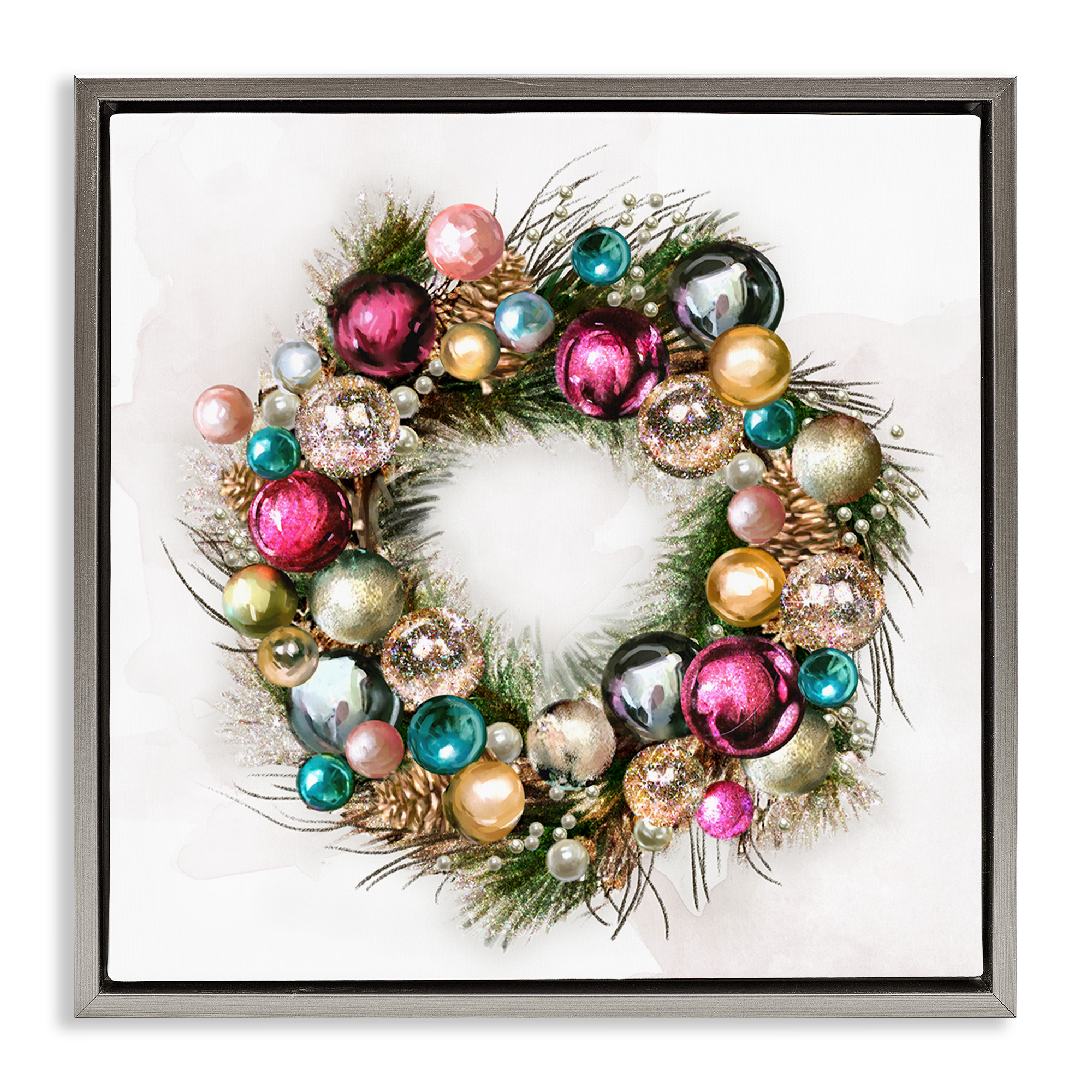 Stupell Industries Festive Ornamental Wreath Holiday Painting Gray Floater Framed Canvas Art Print Wall Art, 18 x 18