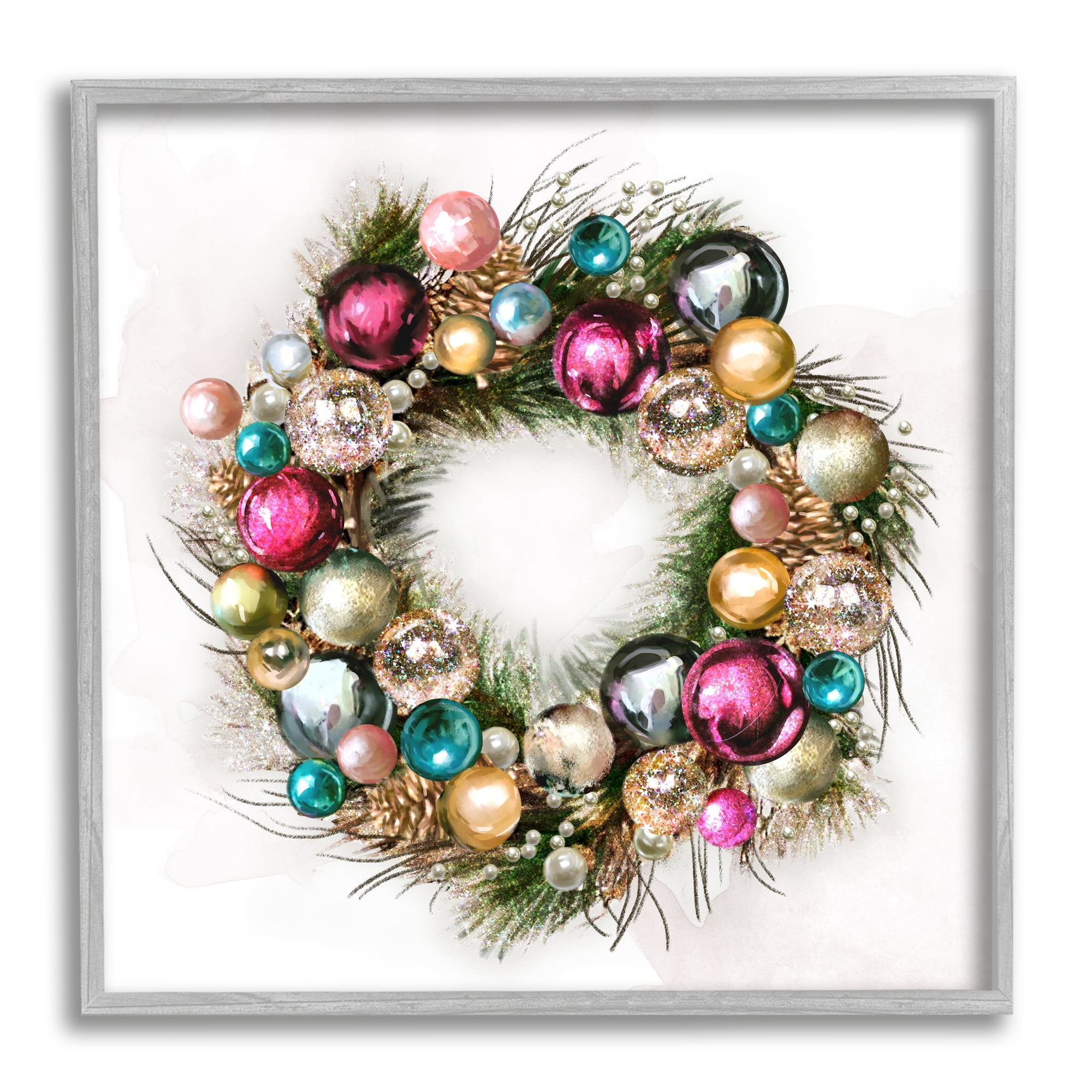 Festive Multicolor Ornament Wreath Framed Wall Art, 12x12