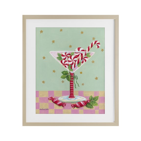 Festive Peppermint Martini Brown Framed Print Under Glass, 17 x 21, Made In USA