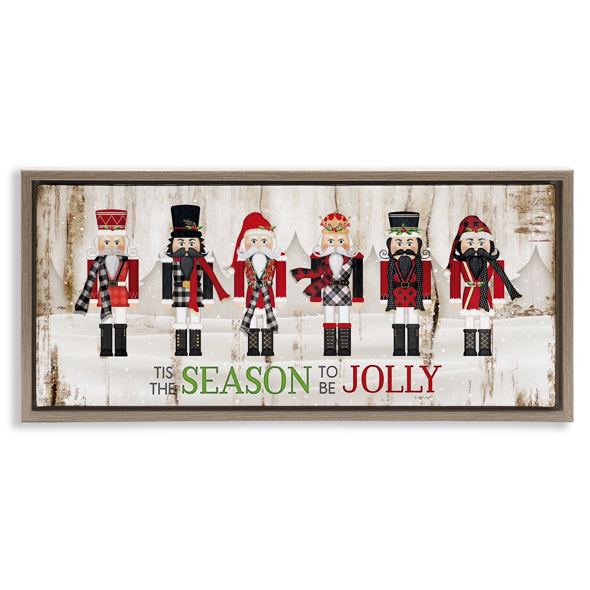 Stupell Industries Festive Phrase Winter Nutcrackers Inspirational Painting Brown Floater Framed Canvas Art Print Wall Art, 31 x 14