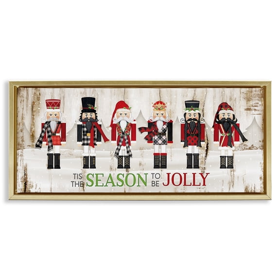 Stupell Industries Festive Phrase Winter Nutcrackers Inspirational Painting Gold Floater Framed Canvas Art Print Wall Art, 25 x 11