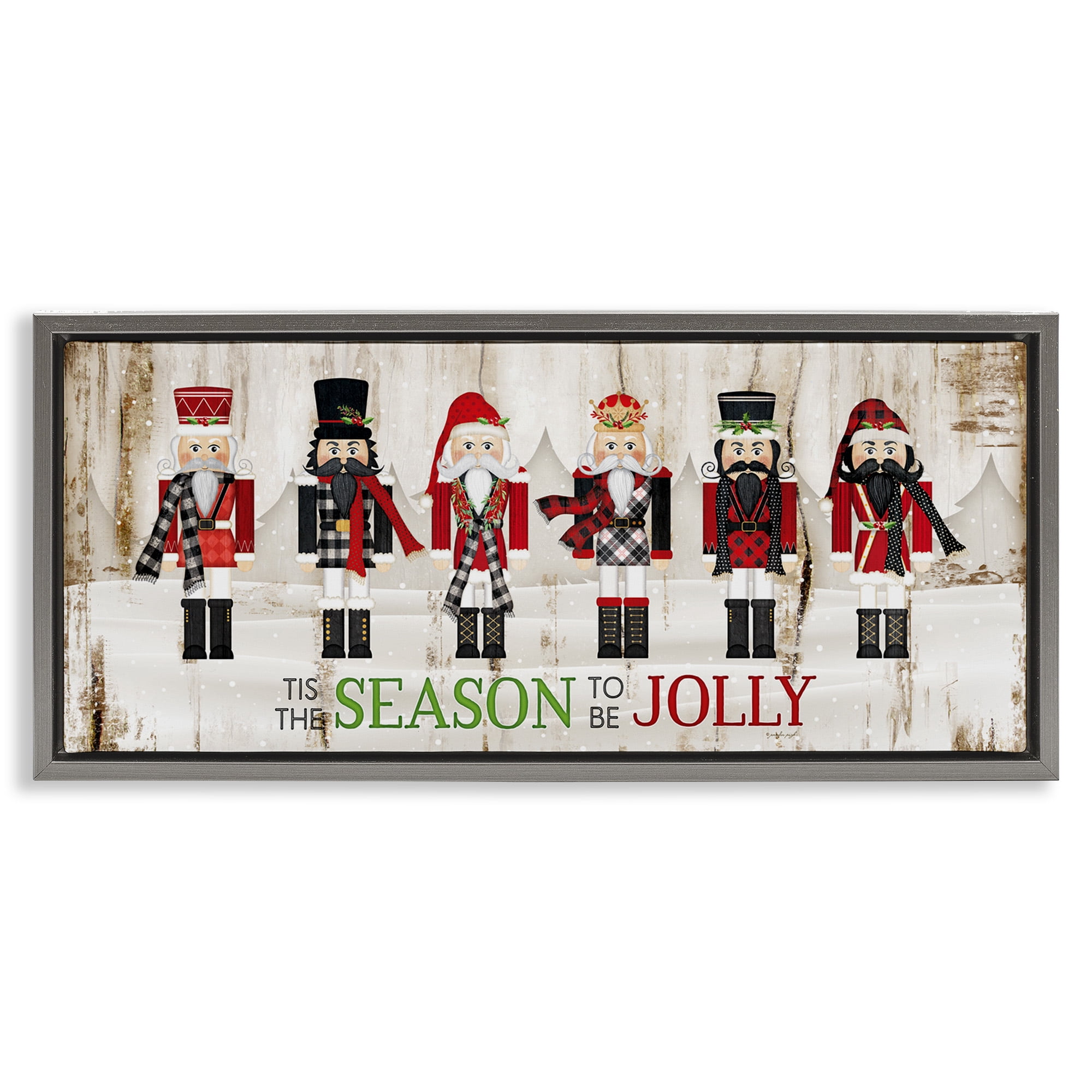 Stupell Industries Festive Phrase Winter Nutcrackers Inspirational Painting Gray Floater Framed Canvas Art Print Wall Art, 31 x 14