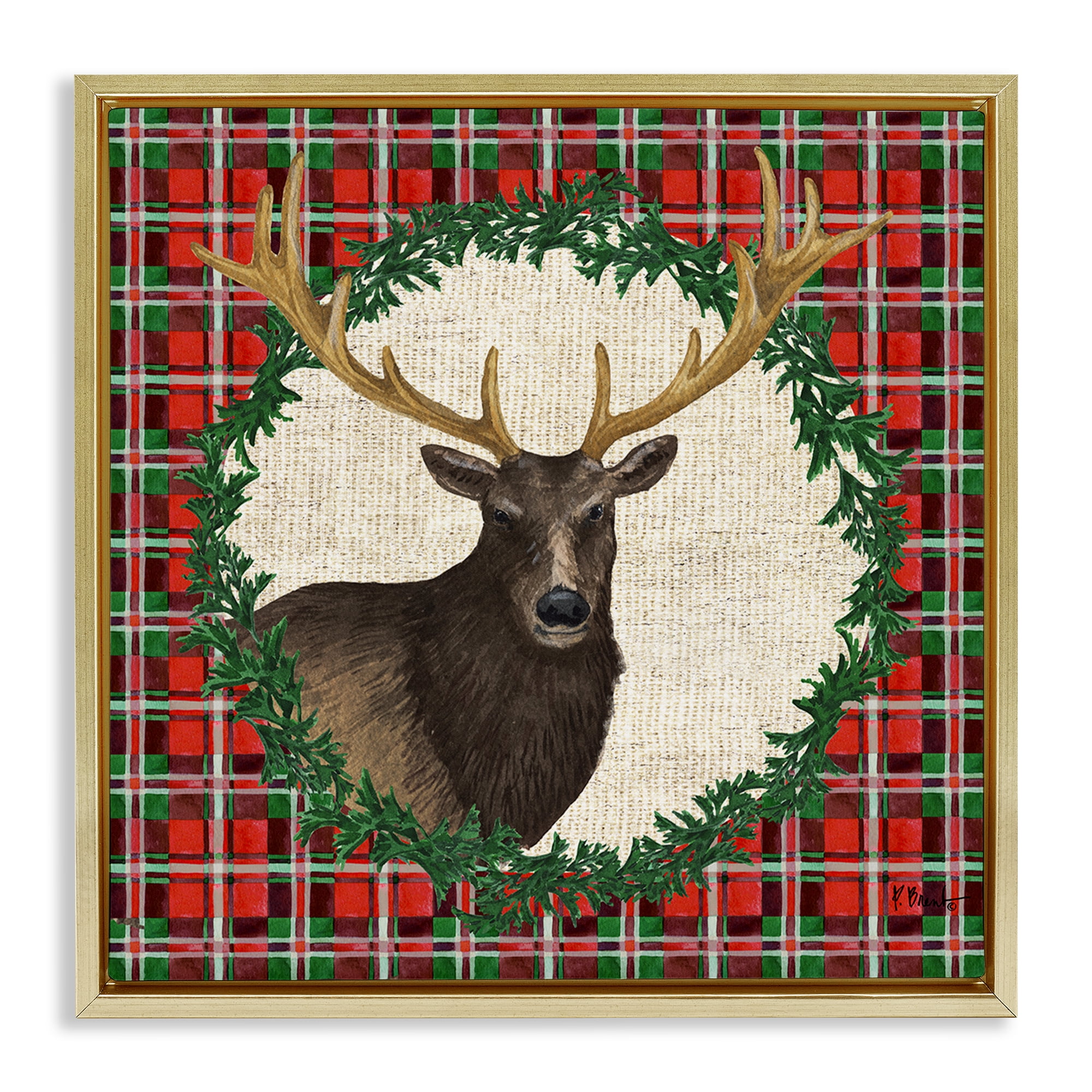Stupell Industries Festive Plaid Elk Holiday Painting Gold Floater Framed Canvas Art Print Wall Art, 18 x 18