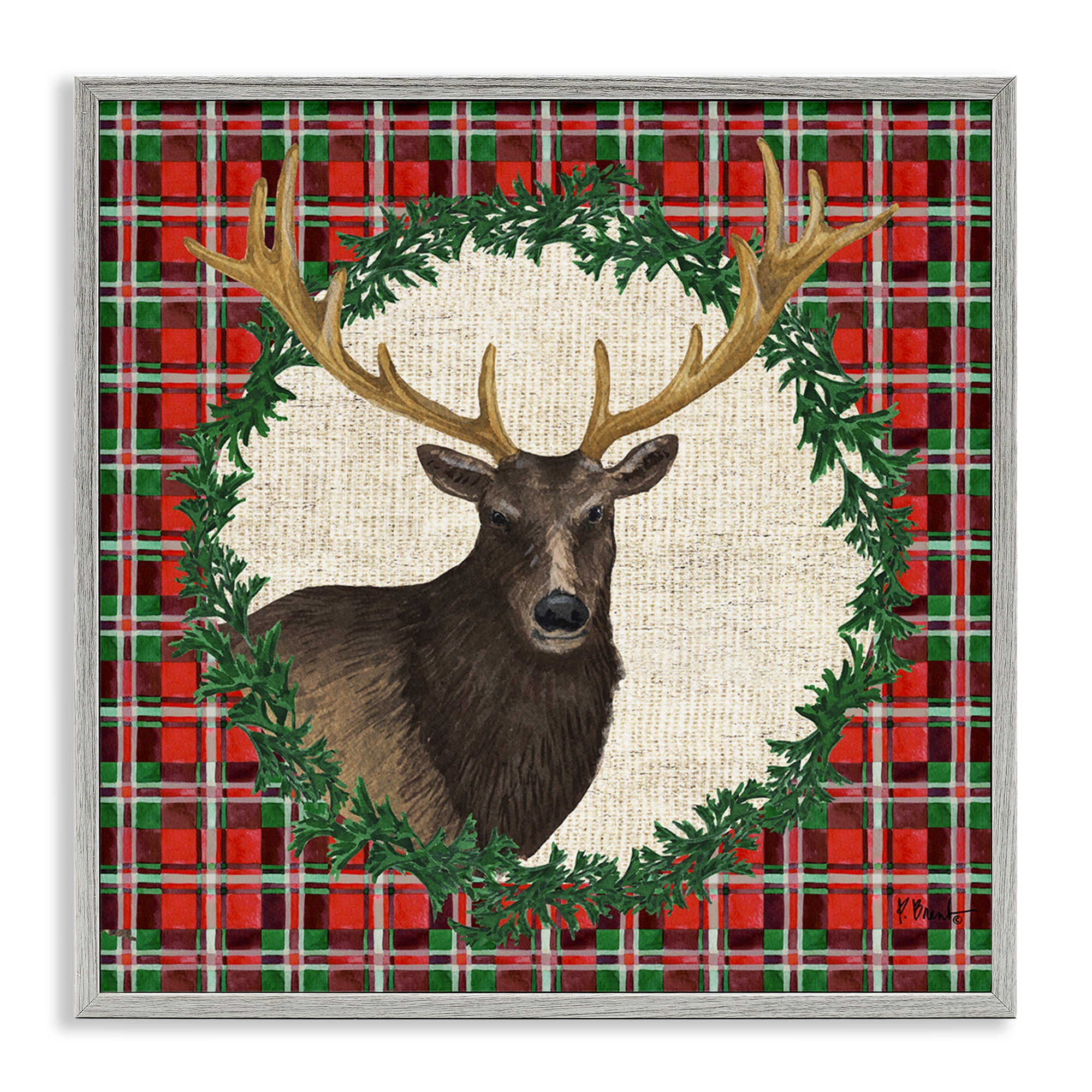 Stupell Industries Festive Plaid Elk Holiday Painting Gray Framed Art Print Wall Art, 17 x 17