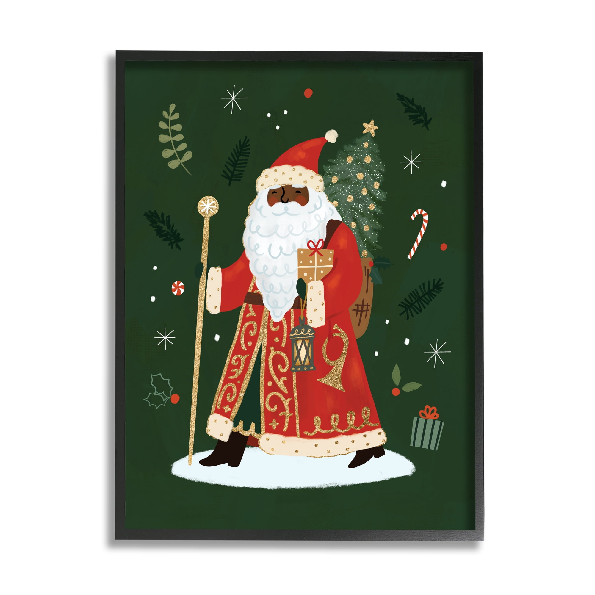 Stupell Industries Festive Santa Claus Figure Green Christmas Holiday Holiday Painting Black Framed Art Print Wall Art, 24 x 30