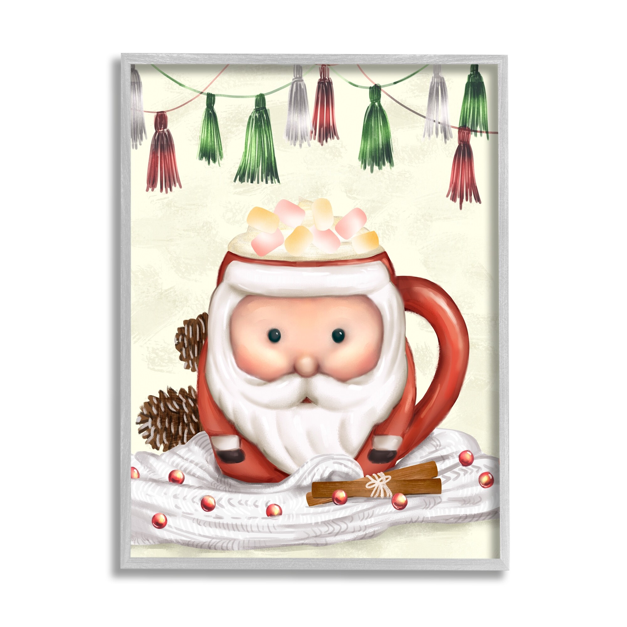 Stupell Industries Festive Santa Claus Marshmallow Mug Holiday Beverage Food & Beverage Painting Gray Framed Art Print Wall Art, 24 x 30